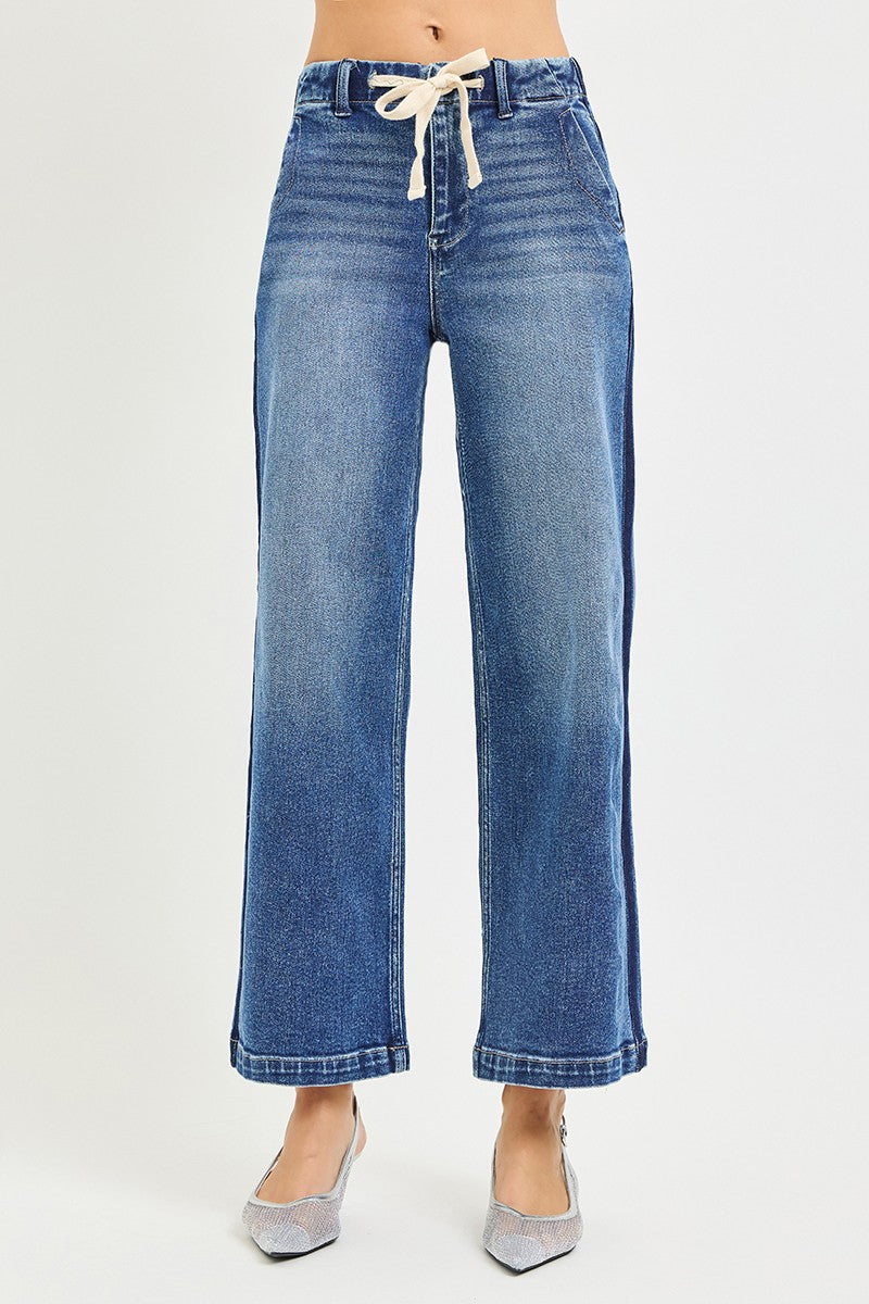 Risen Elastic Band High Rise Cropped Wide Jeans