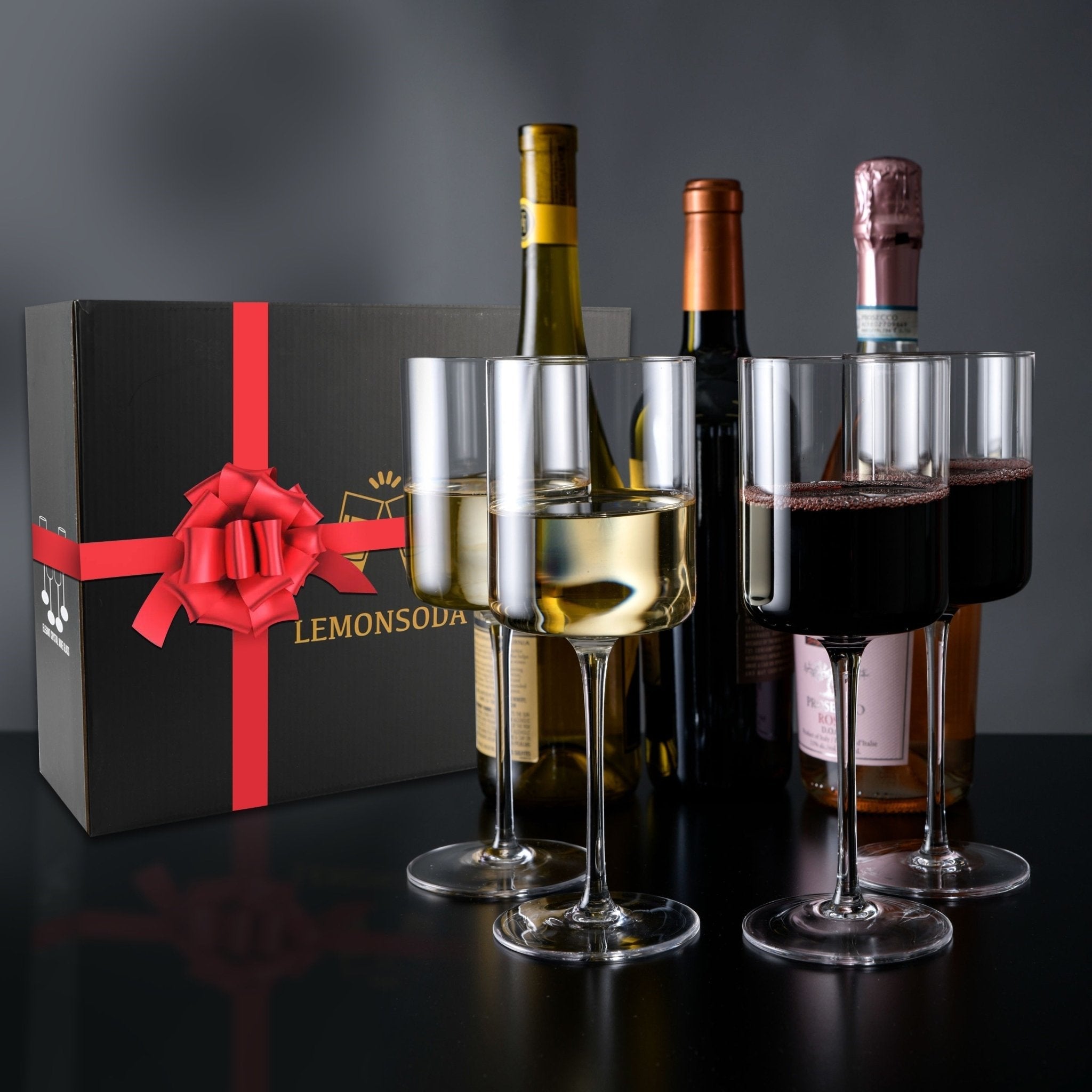 Elegant Crystal Straight Edge Design - Set Of 4 Wine Glasses (15oz)