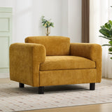 Elixired Upholstered Arm Chair with Tucked Armrests and Round Rubberwood Legs