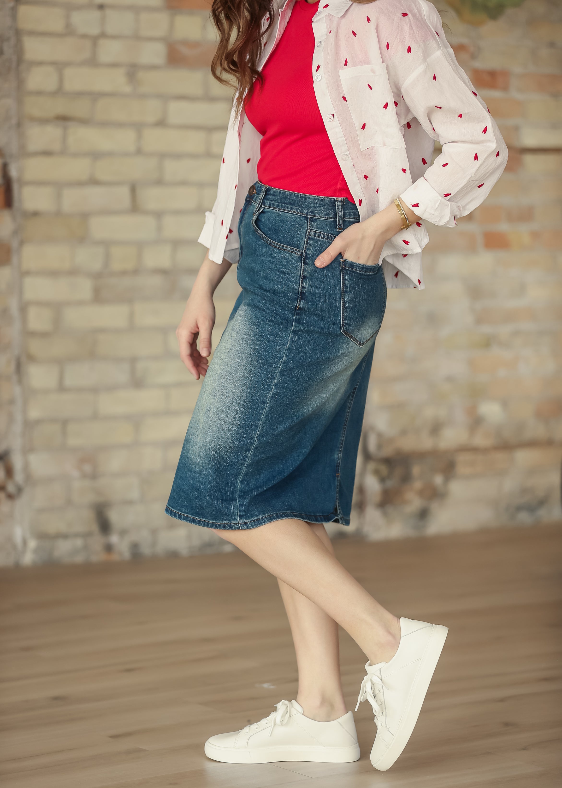 Elliot Dark Wash Denim Midi Skirt