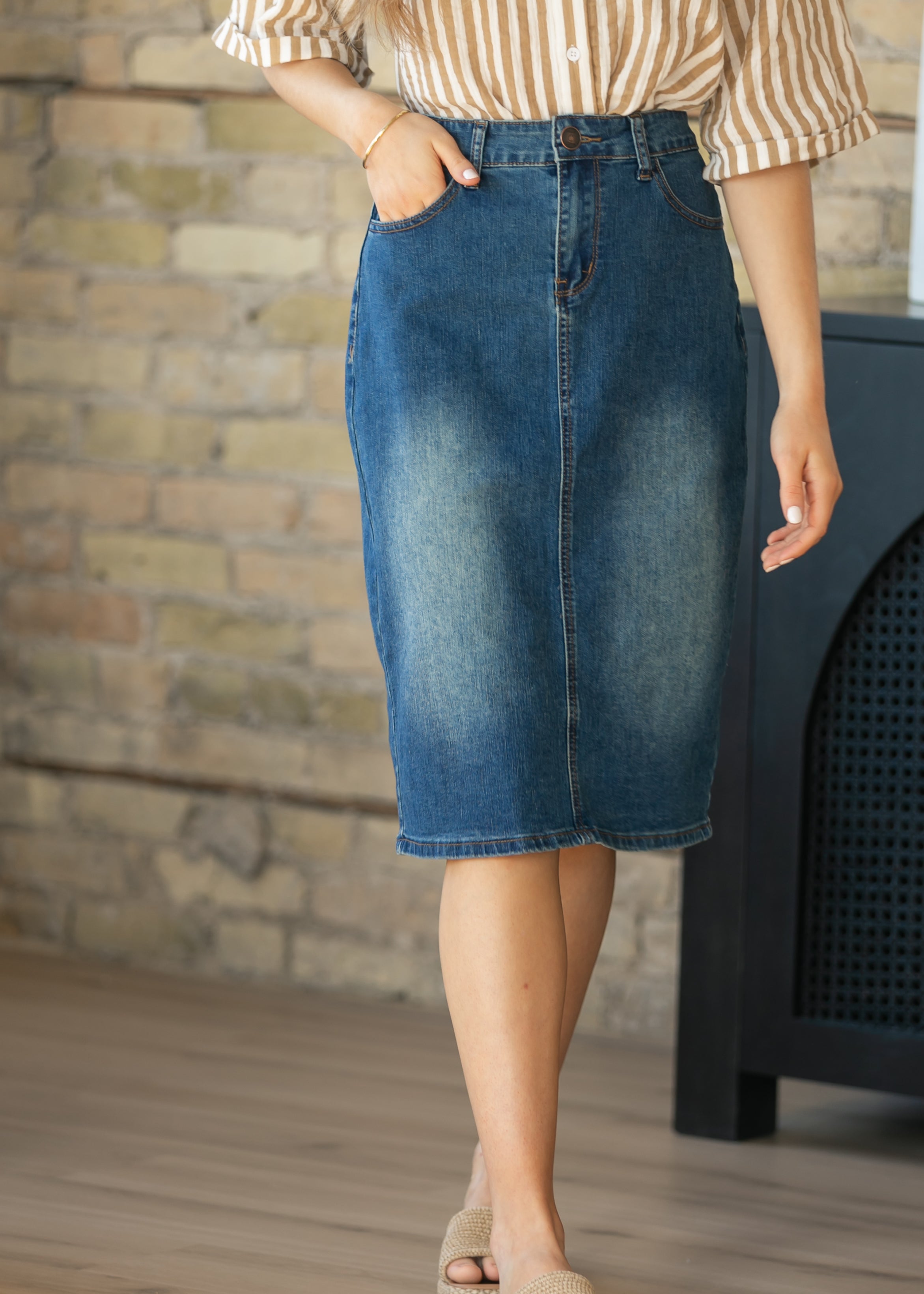 Elliot Dark Wash Denim Midi Skirt