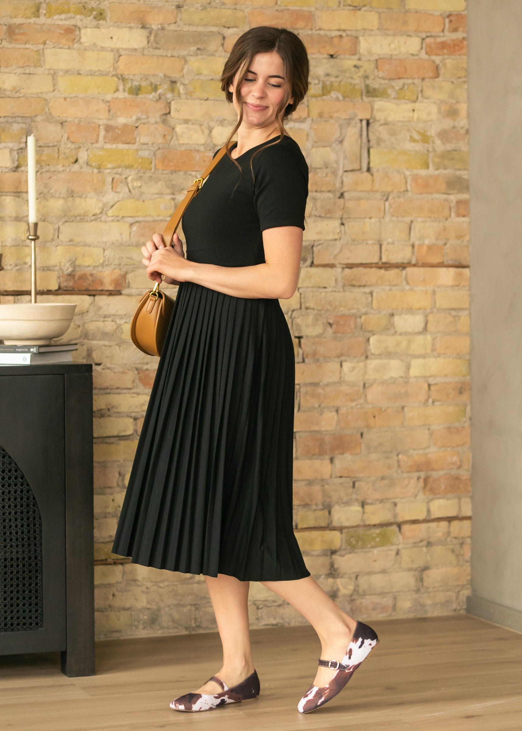 Emersyn Black Pleated Midi Dress