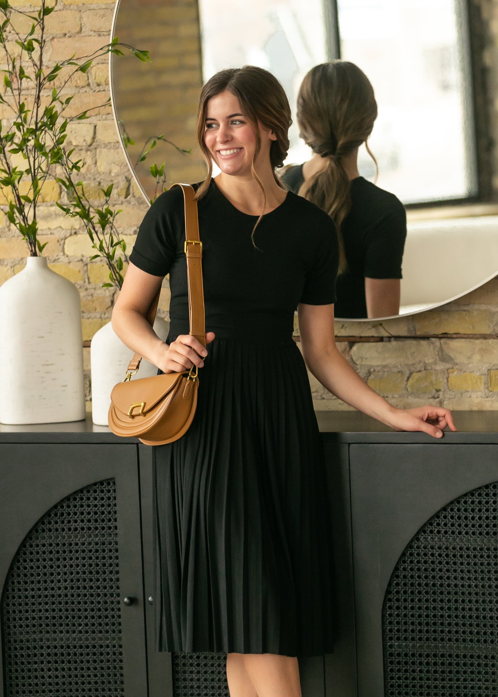 Emersyn Black Pleated Midi Dress
