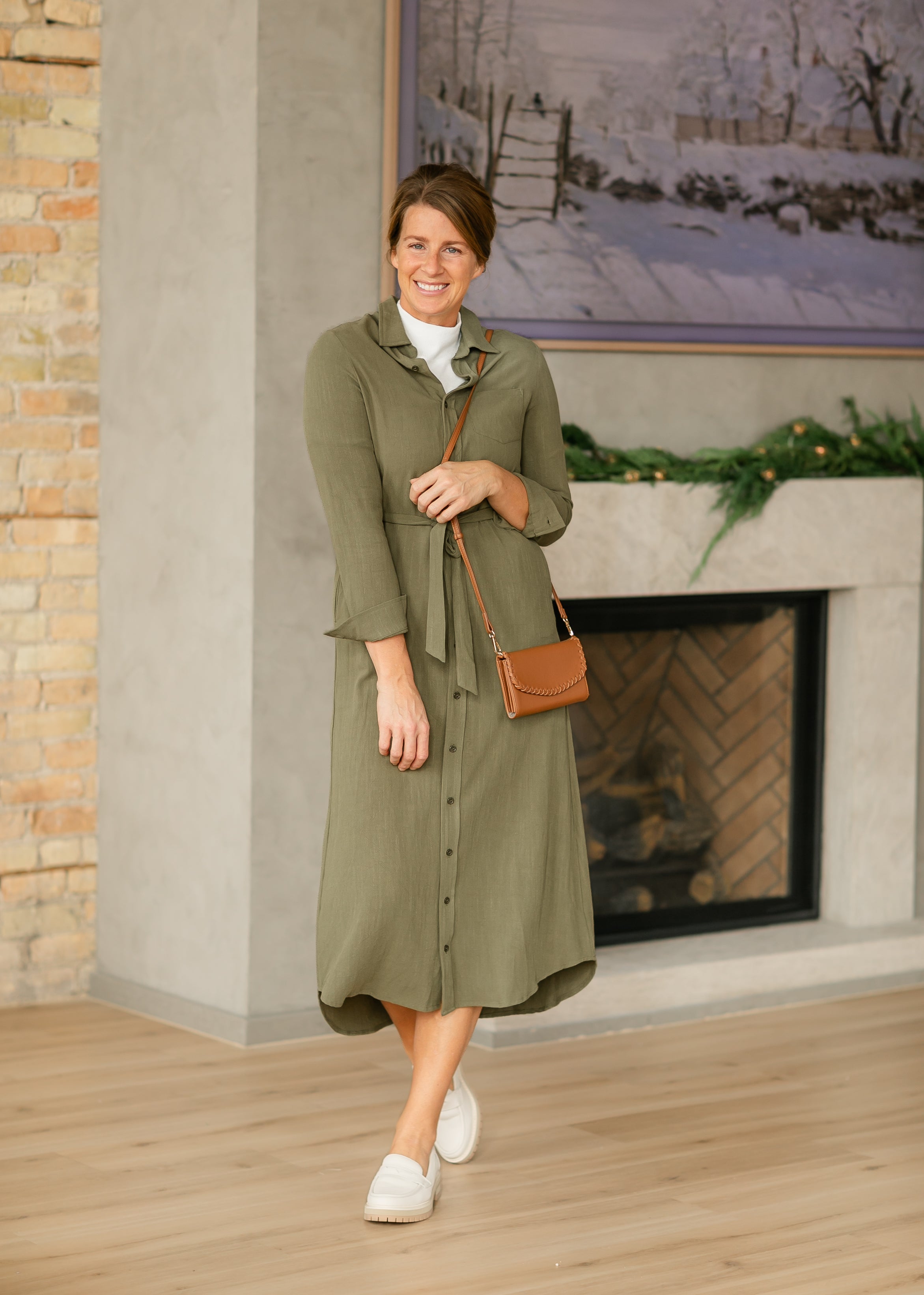 Essential Olive Long Sleeve Linen Shirt Dress