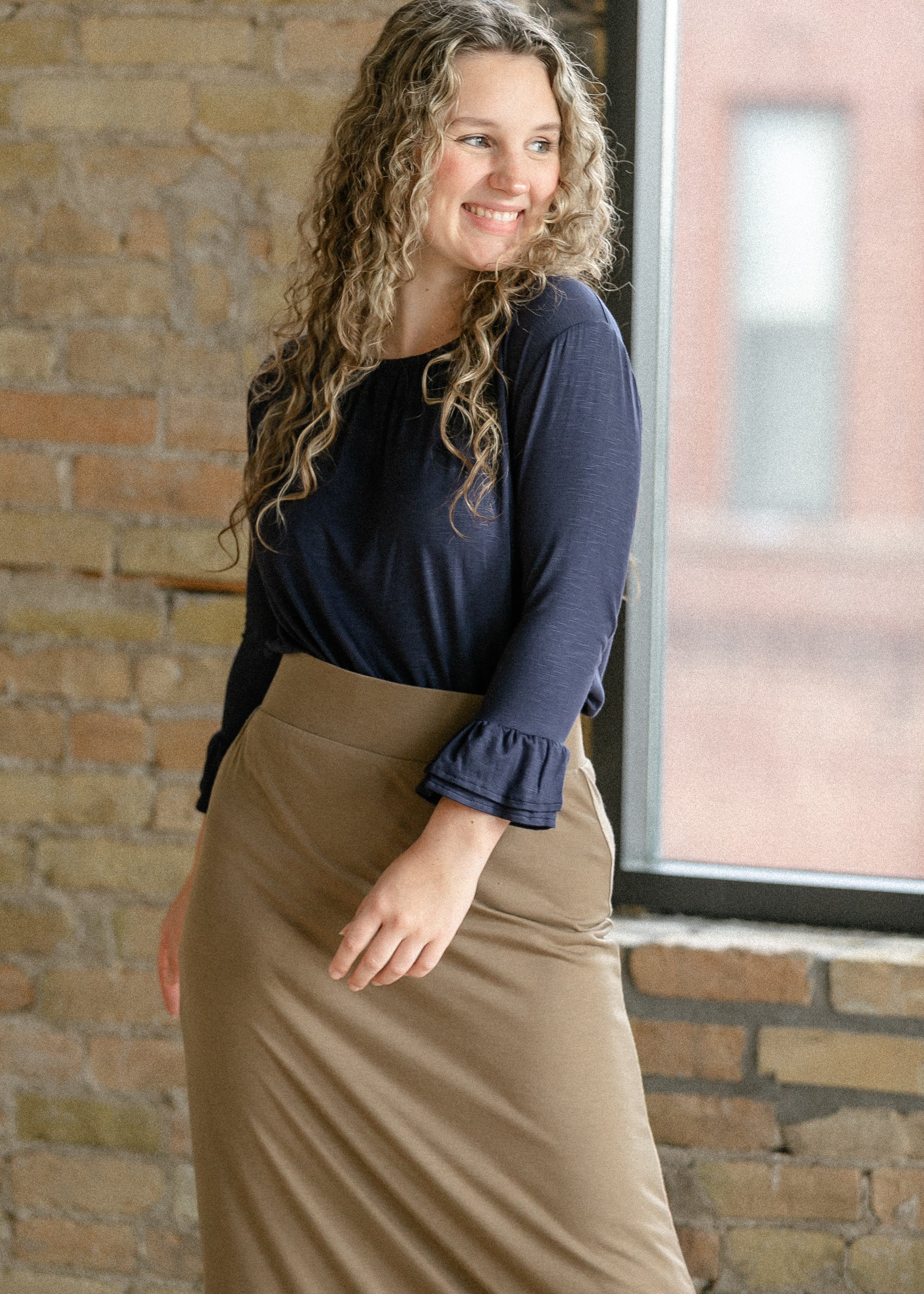 Essential Navy Ruffled 3/4 Sleeve Top