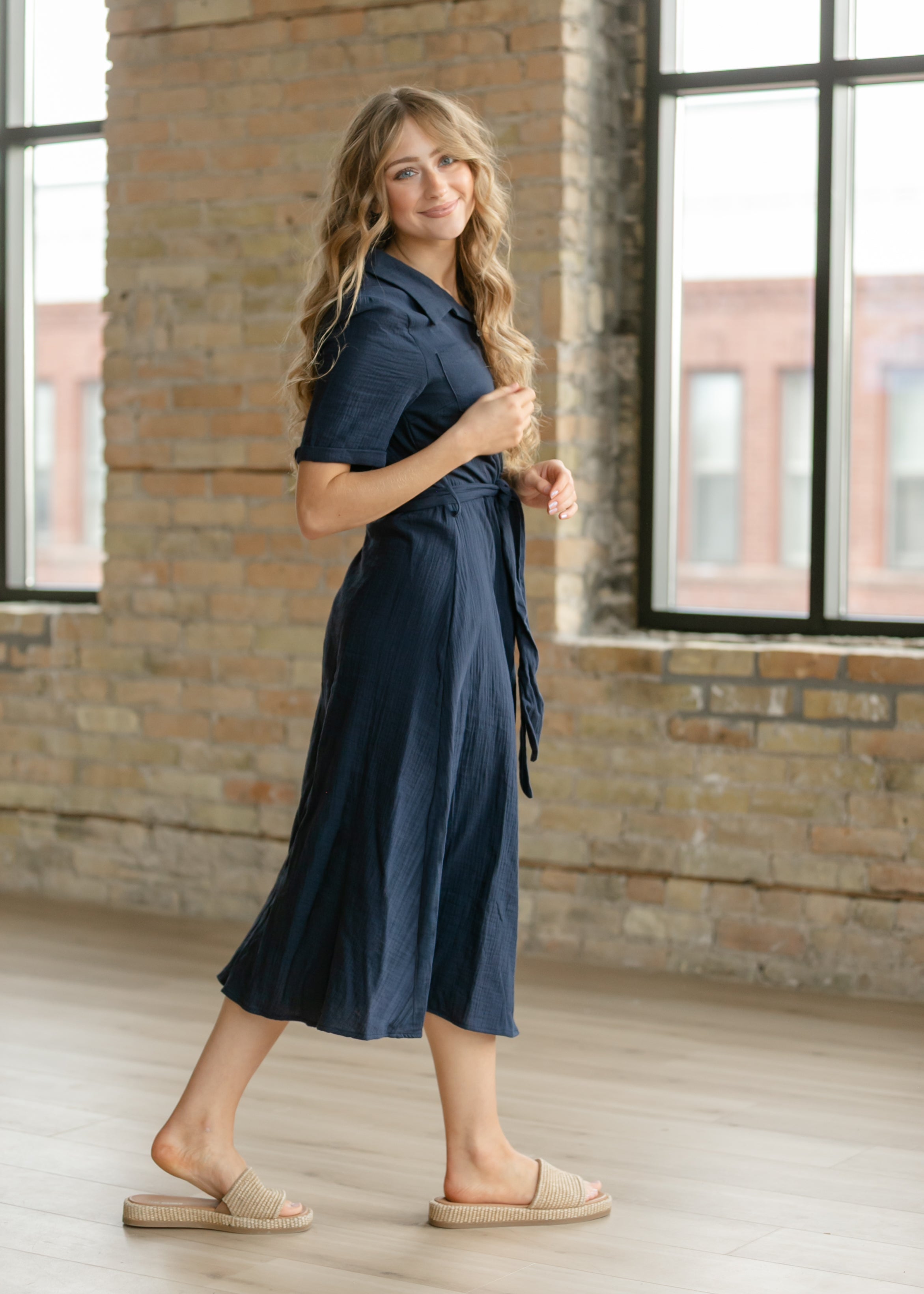 Essential Navy Short Sleeve Gauze Shirt Dress
