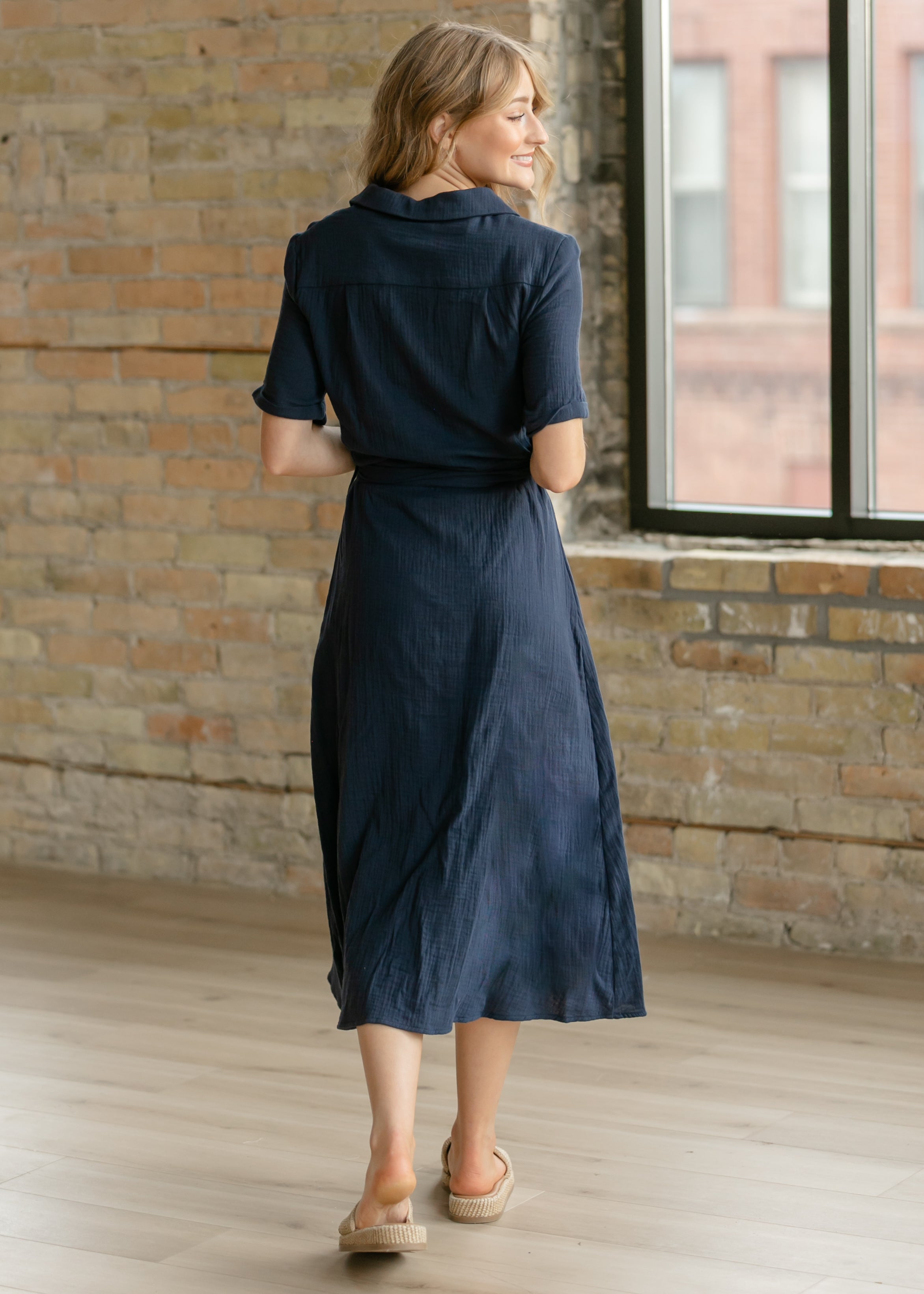 Essential Navy Short Sleeve Gauze Shirt Dress