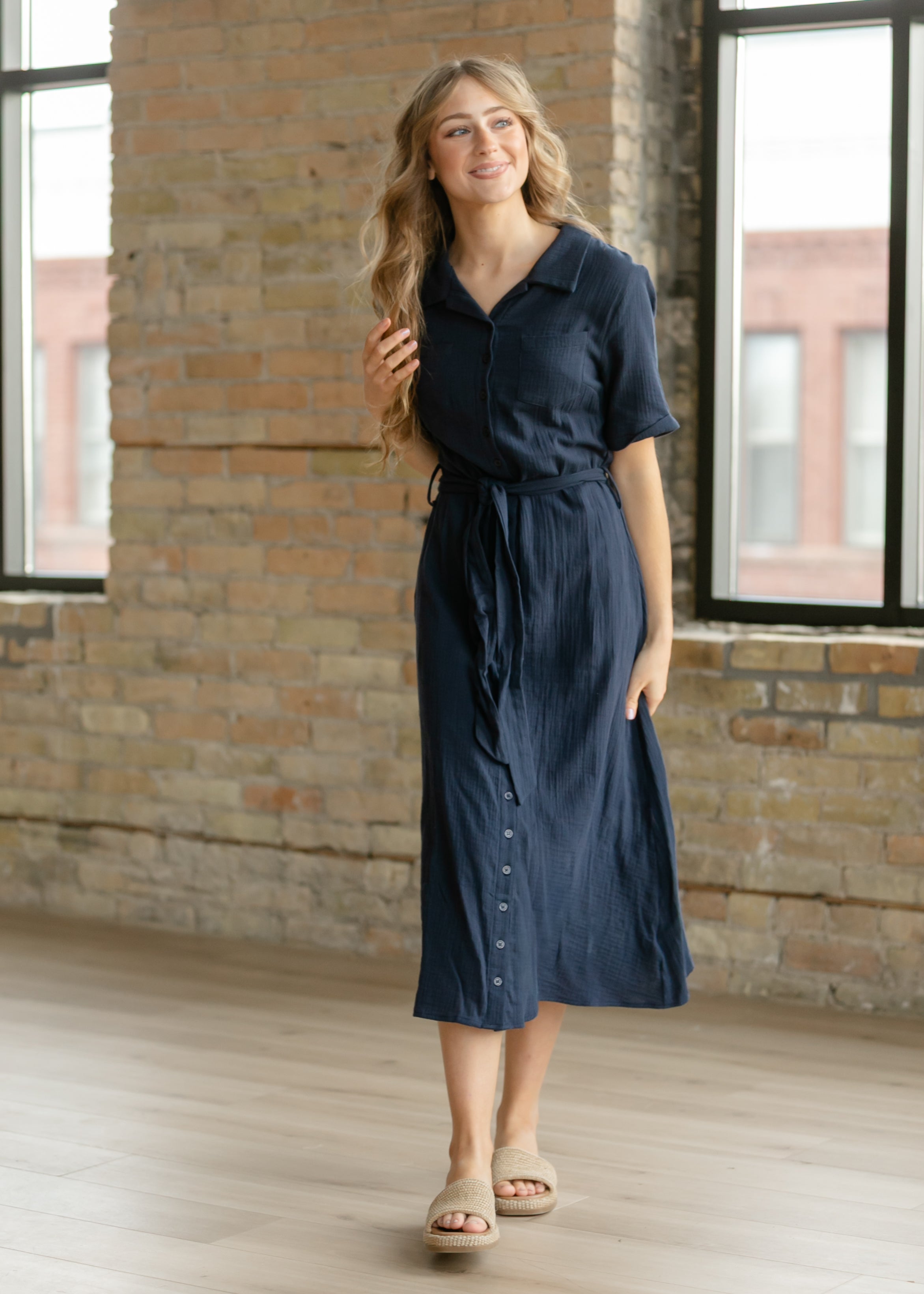 Essential Navy Short Sleeve Gauze Shirt Dress
