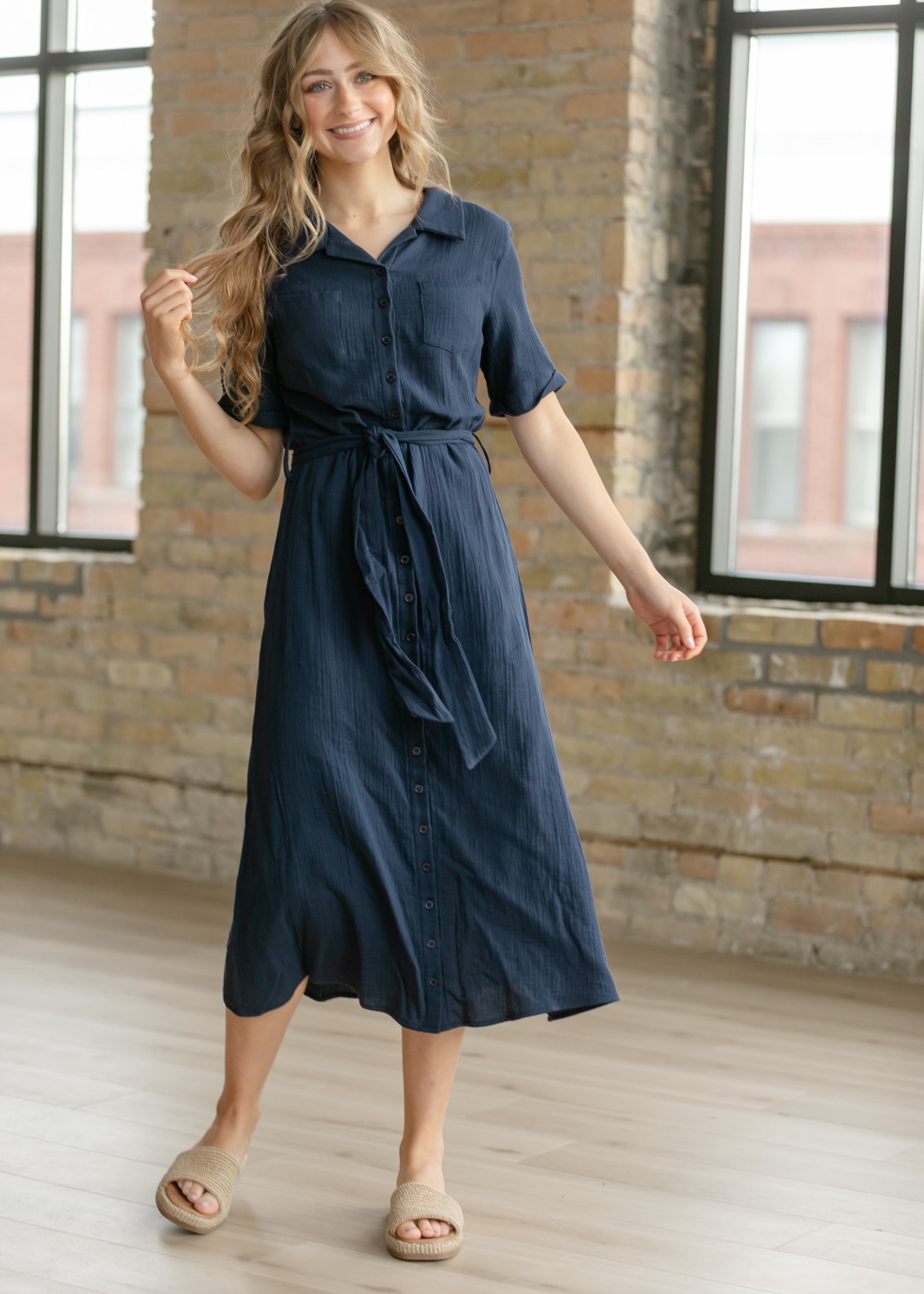 Essential Navy Short Sleeve Gauze Shirt Dress