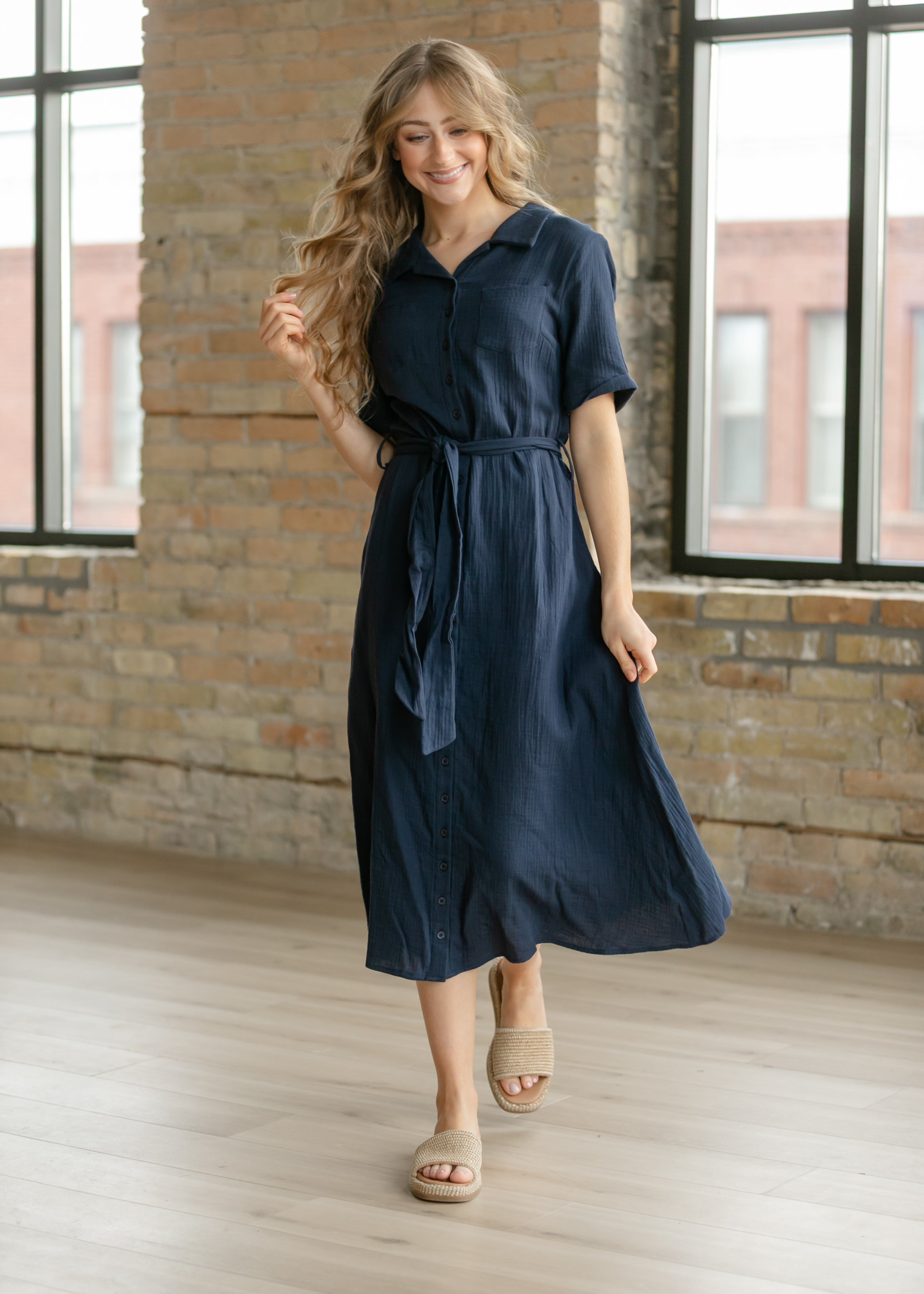 Essential Navy Short Sleeve Gauze Shirt Dress