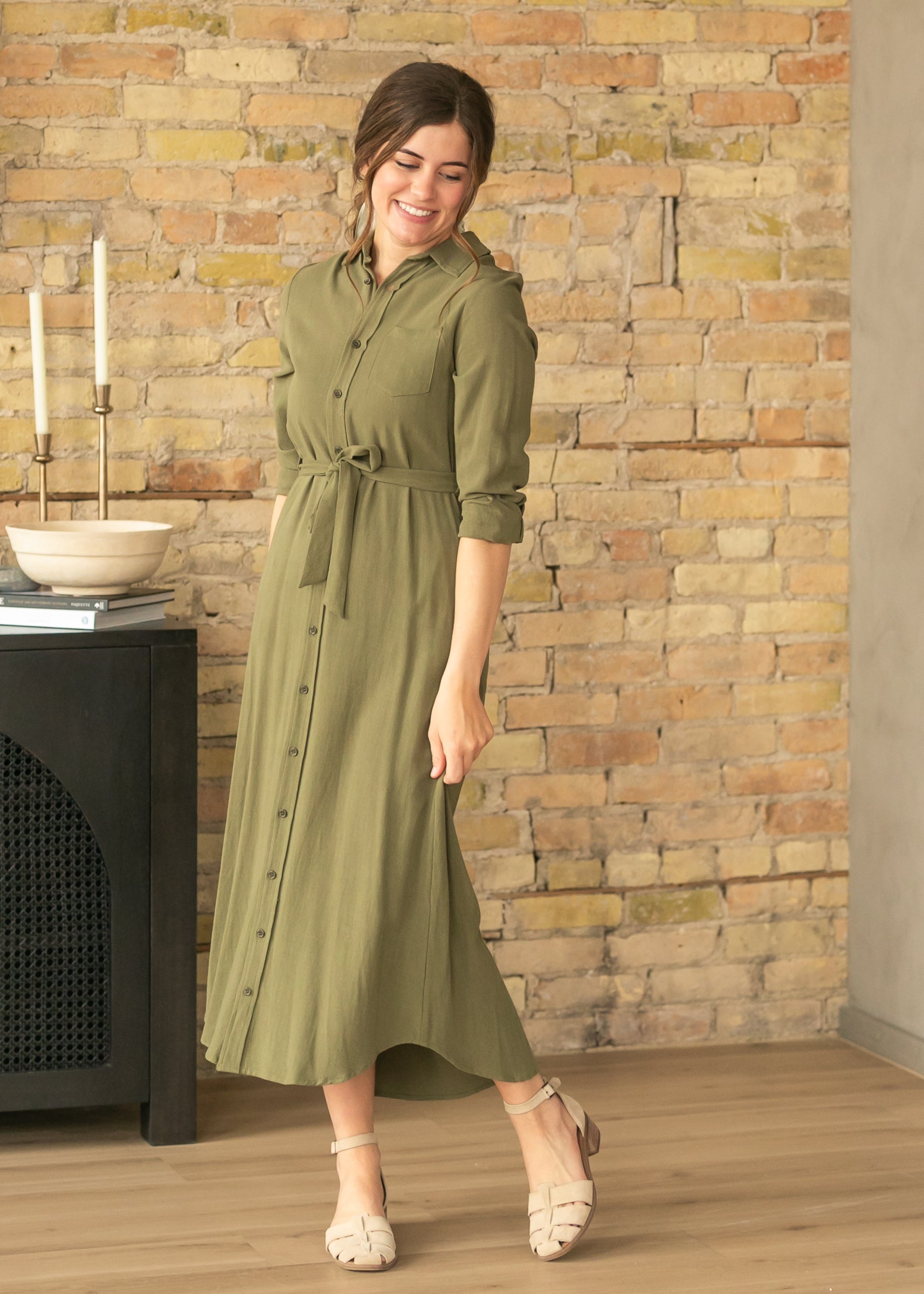 Essential Olive Long Sleeve Linen Shirt Dress