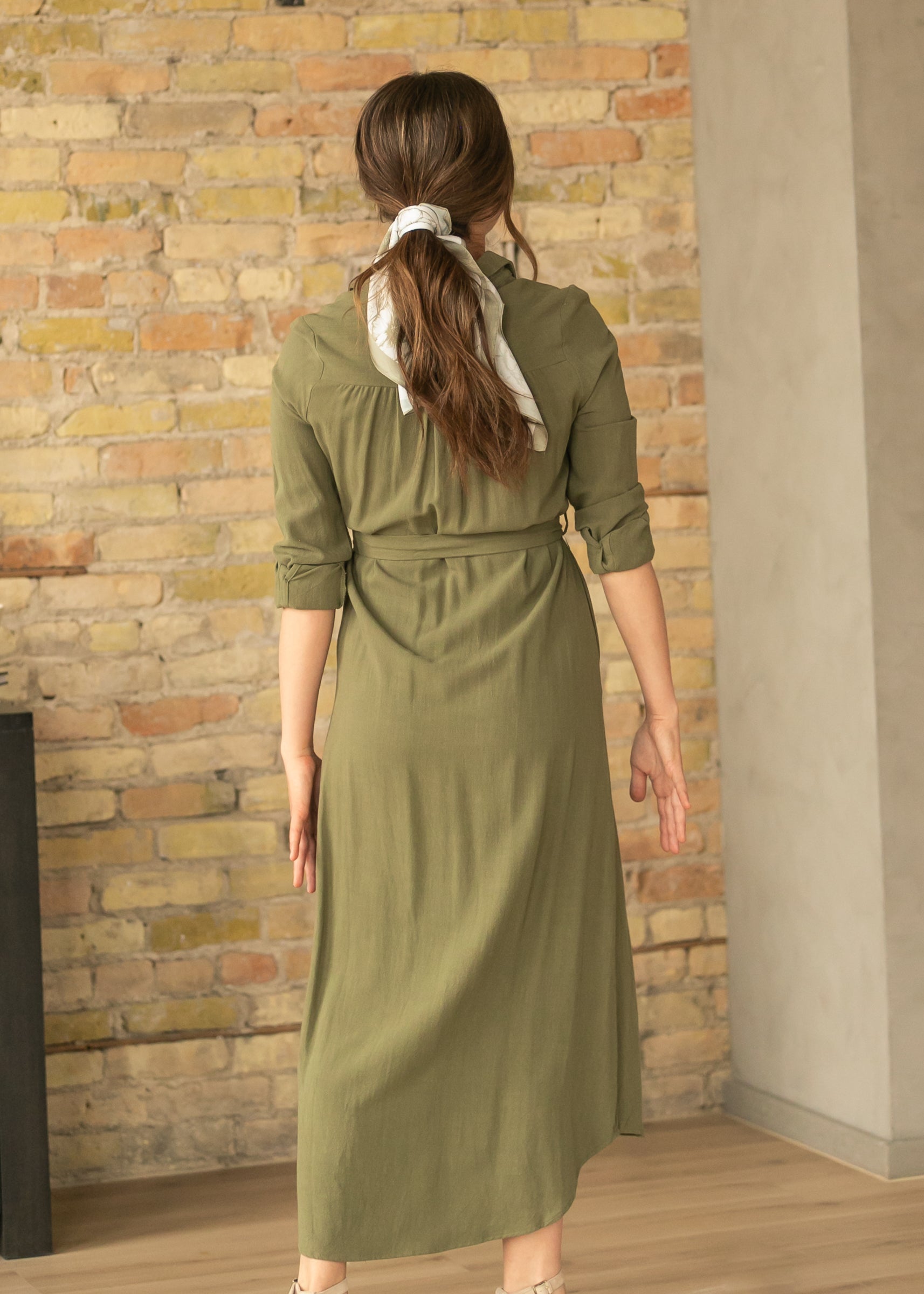 Essential Olive Long Sleeve Linen Shirt Dress