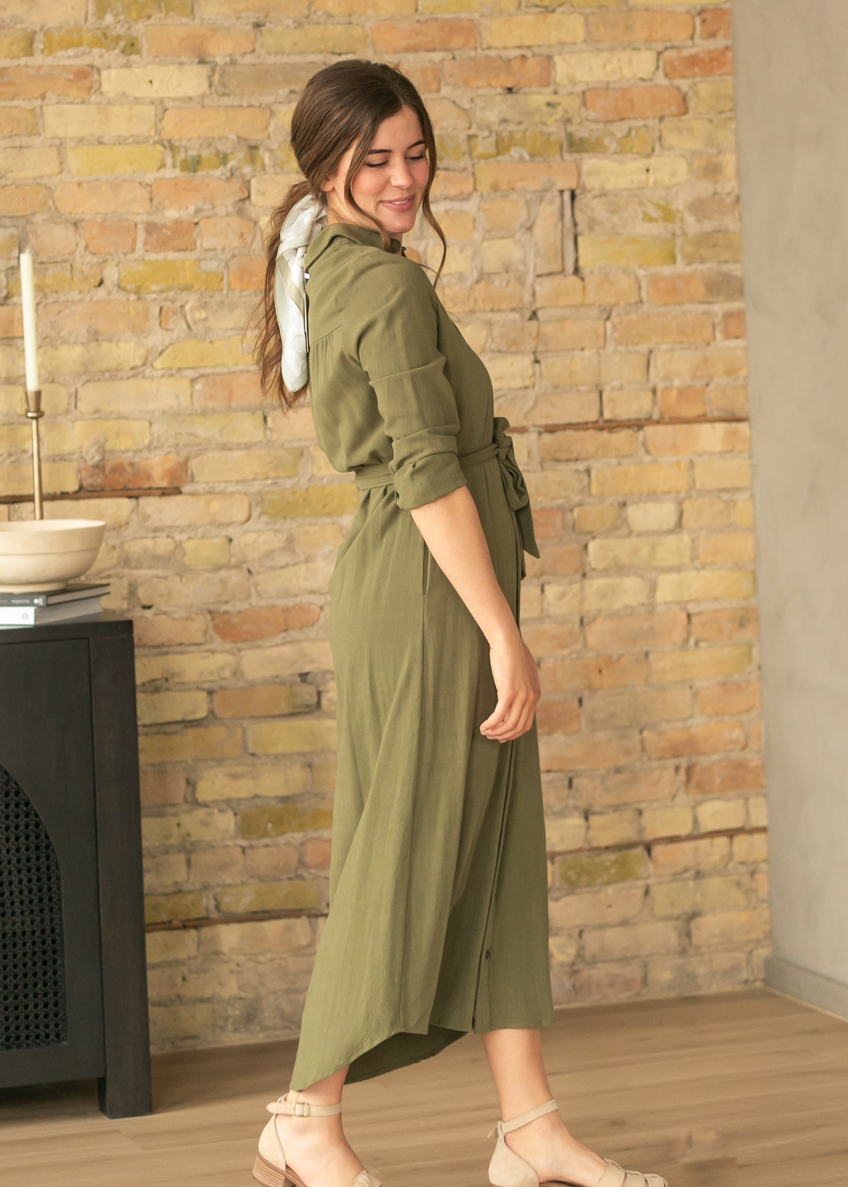 Essential Olive Long Sleeve Linen Shirt Dress