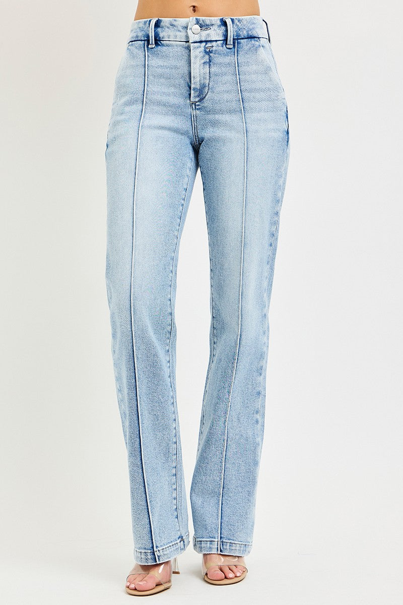 Risen Tummy Control High Rise Straight Pin Tuck Jeans