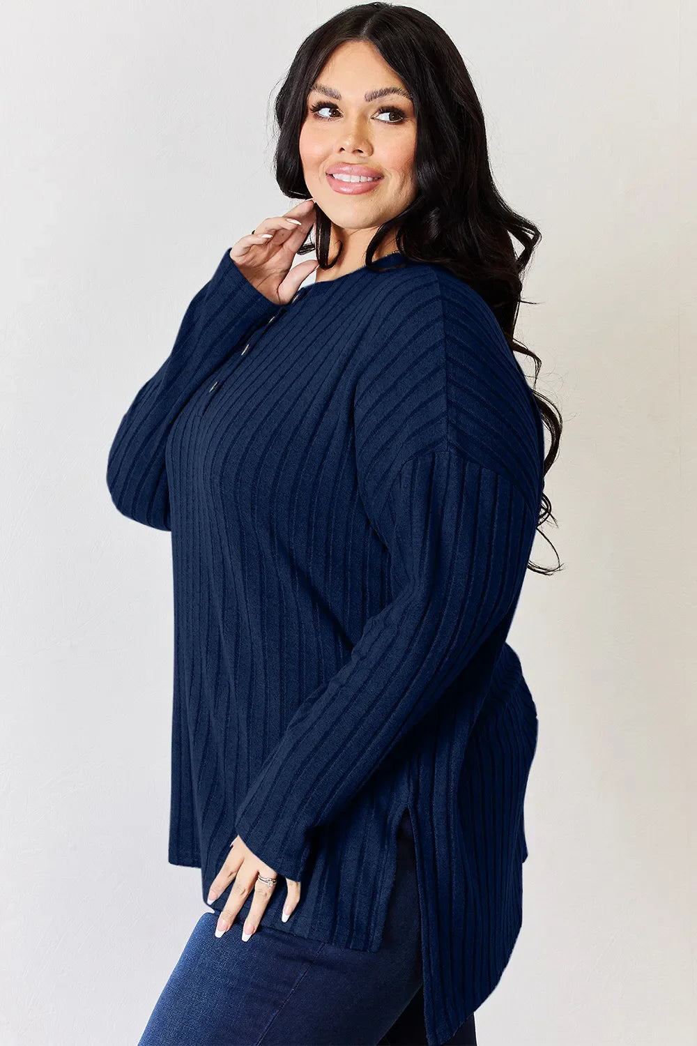 Basic Bae Full Size Ribbed Half Button Long Sleeve High-low Knit Top | Includes Plus Size