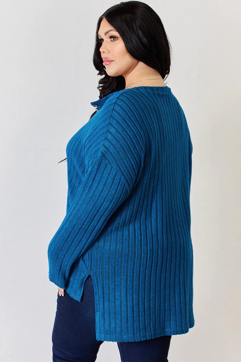Basic Bae Full Size Ribbed Half Button Long Sleeve High-low Knit Top | Includes Plus Size
