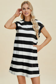 Basic Bae Full Size Striped Round Neck Cap Sleeve Mini Dress | Includes Plus Size