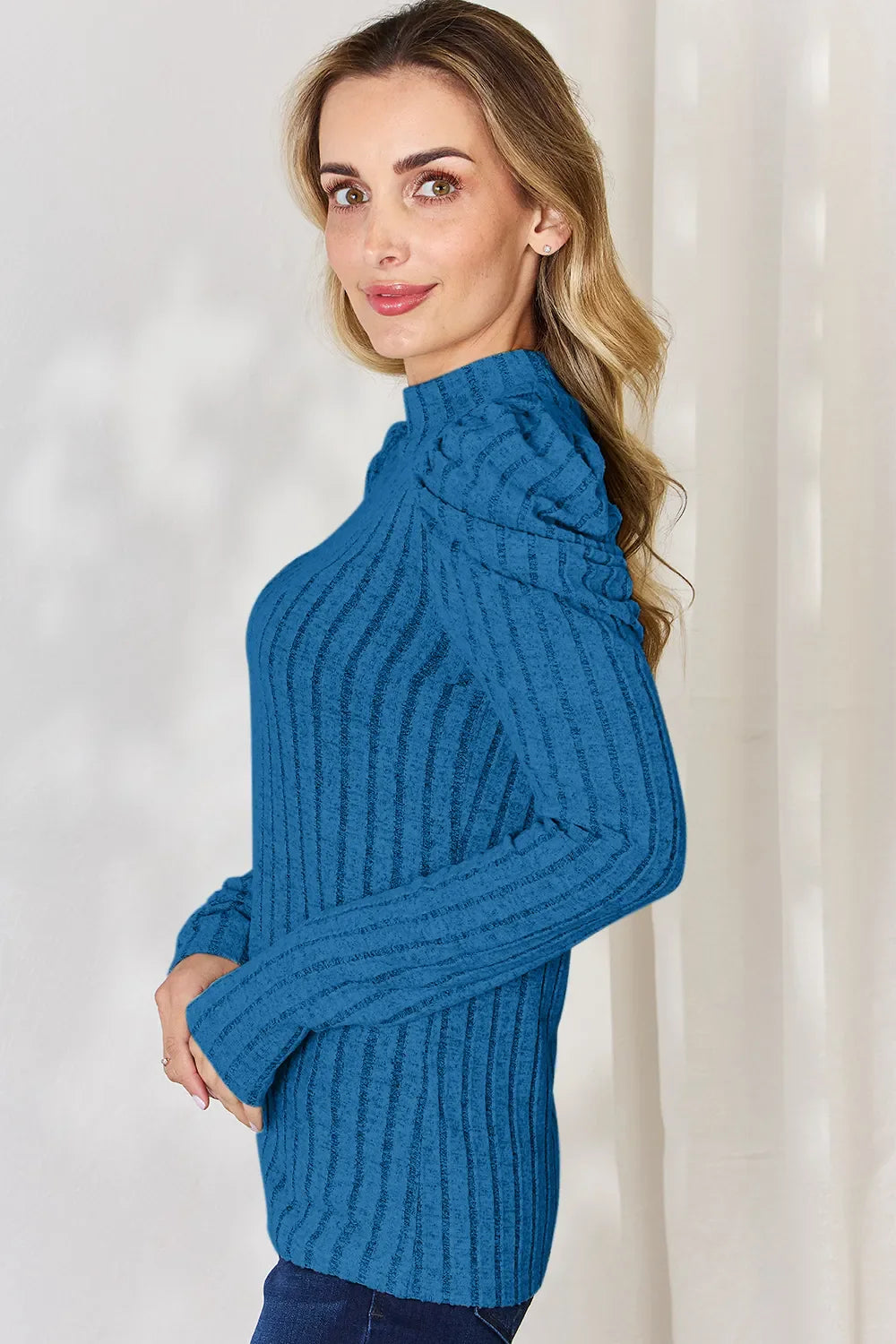 Basic Bae Full Size Ribbed Mock Neck Puff Sleeve T-shirt | Includes Plus Size