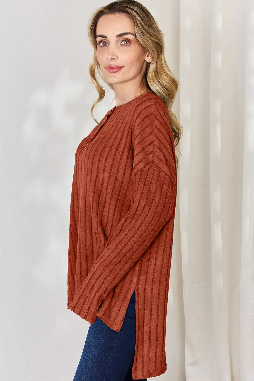Basic Bae Full Size Ribbed Half Button Long Sleeve High-low Knit Top | Includes Plus Size