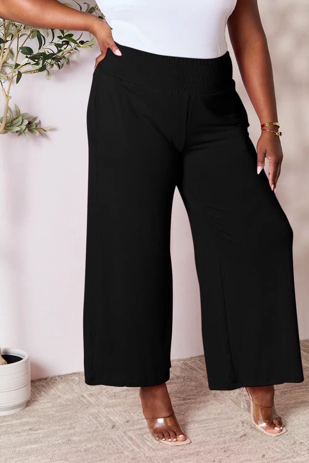 Basic Bae Full Size Smocked Wide Waistband Wide Leg Pants | Includes Plus Size