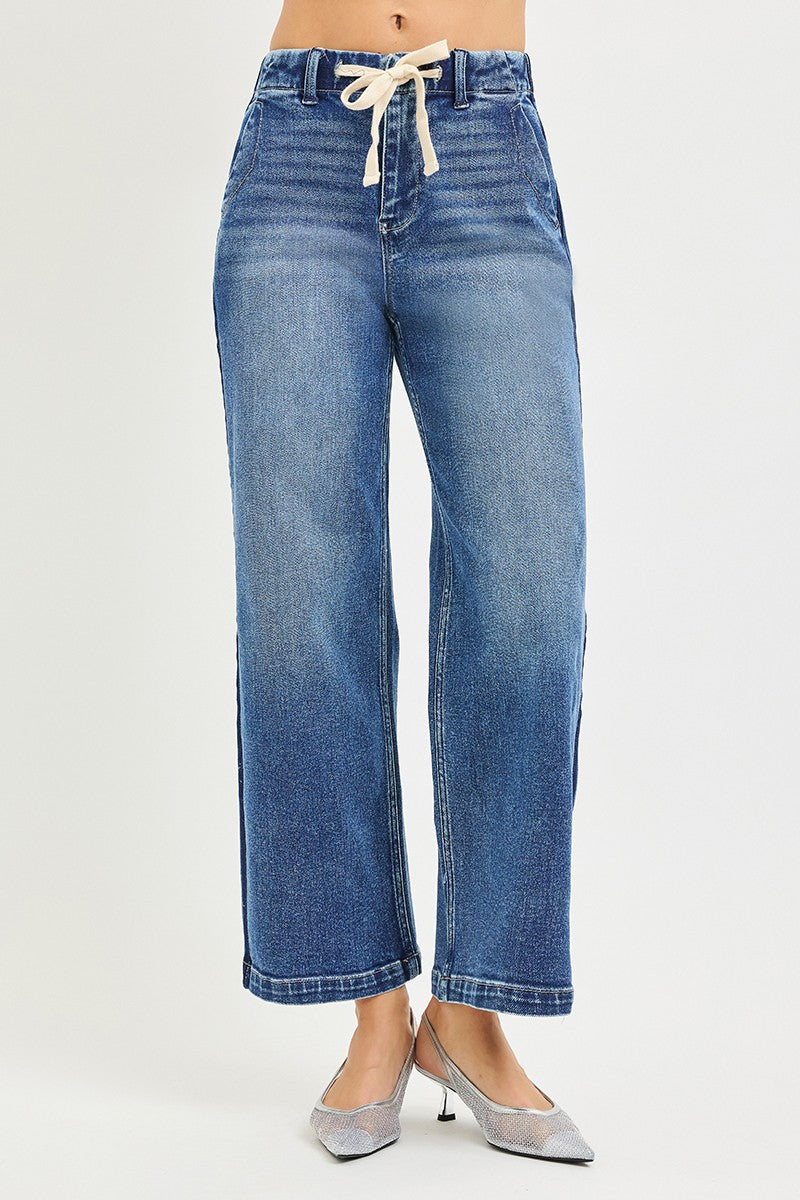 Risen Elastic Band High Rise Cropped Wide Jeans