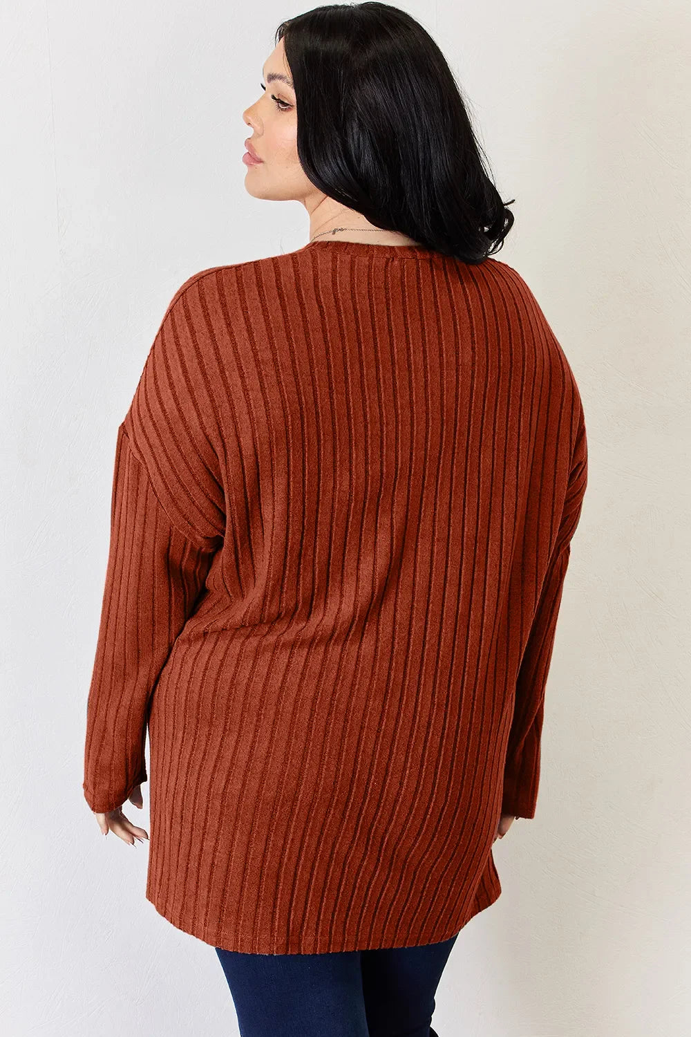 Basic Bae Full Size Ribbed Half Button Long Sleeve High-low Knit Top | Includes Plus Size