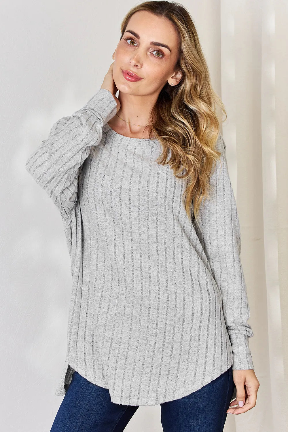 Basic Bae Full Size Ribbed Round Neck Slit Knit Top | Includes Plus Size
