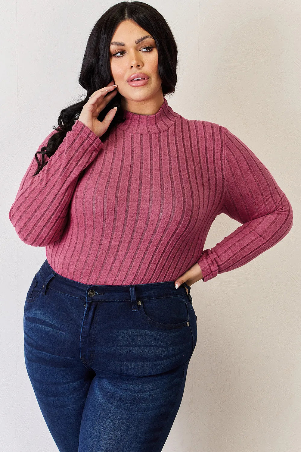 Basic Bae Full Size Ribbed Mock Neck Long Sleeve Knit Top | Includes Plus Size