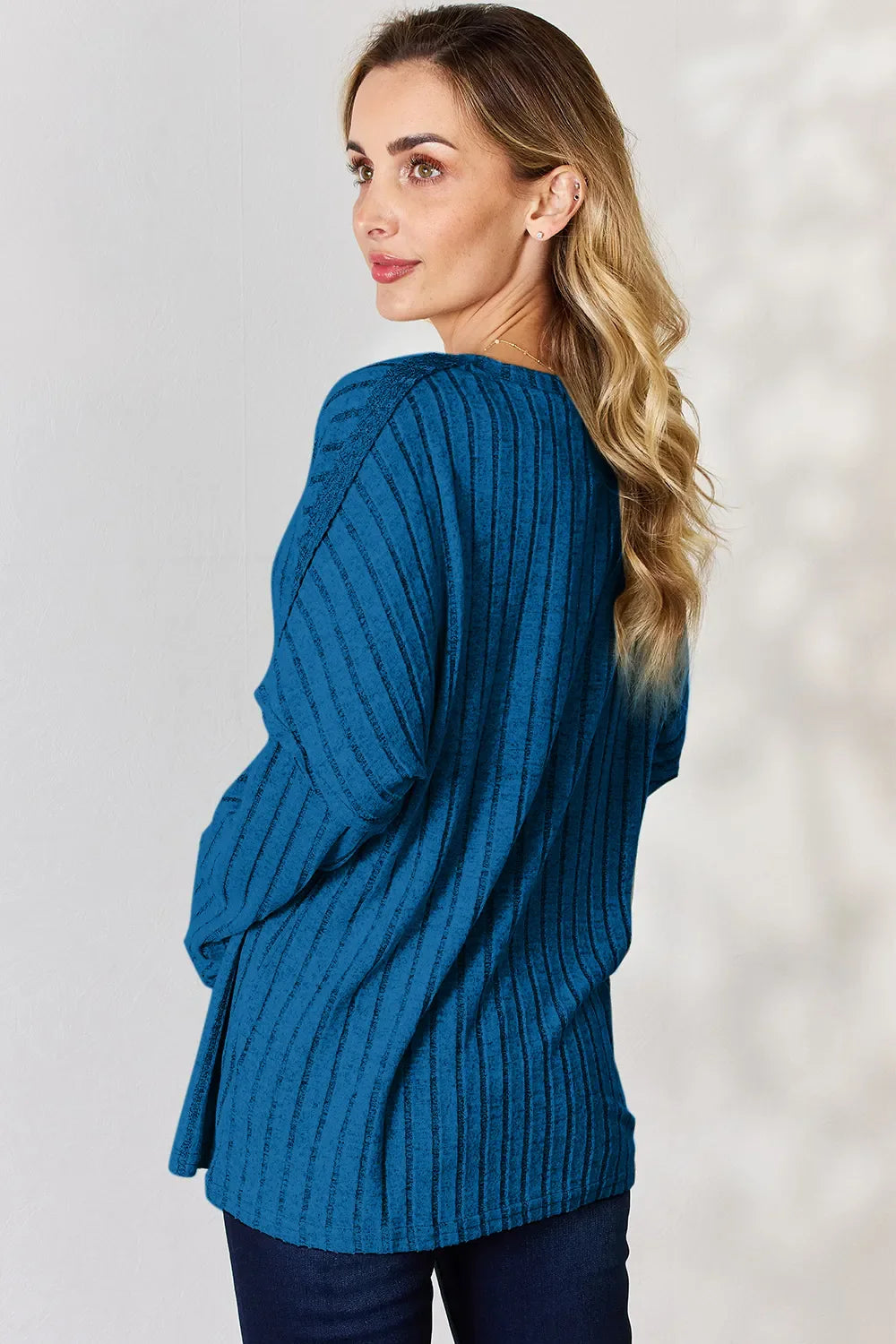 Basic Bae Full Size Ribbed Half Button Long Sleeve T-shirt