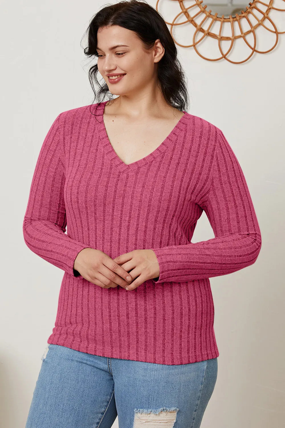 Basic Bae Full Size Ribbed V-neck Long Sleeve Knit Top | Includes Plus Size