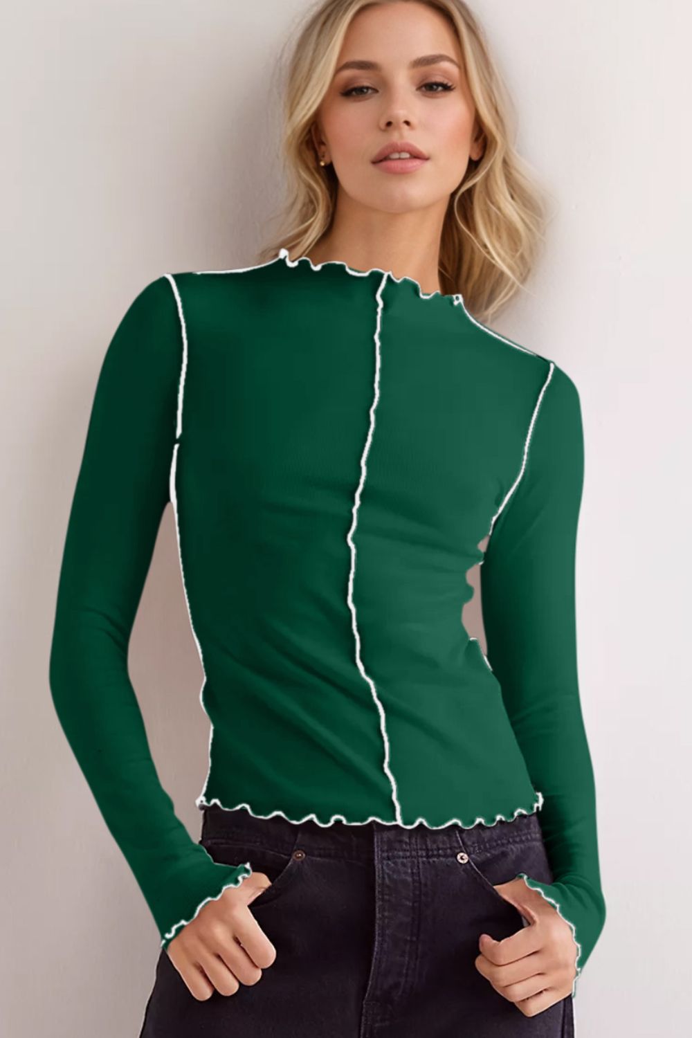 Basic Bae Contrast Trim Mock Neck Long Sleeve T-shirt