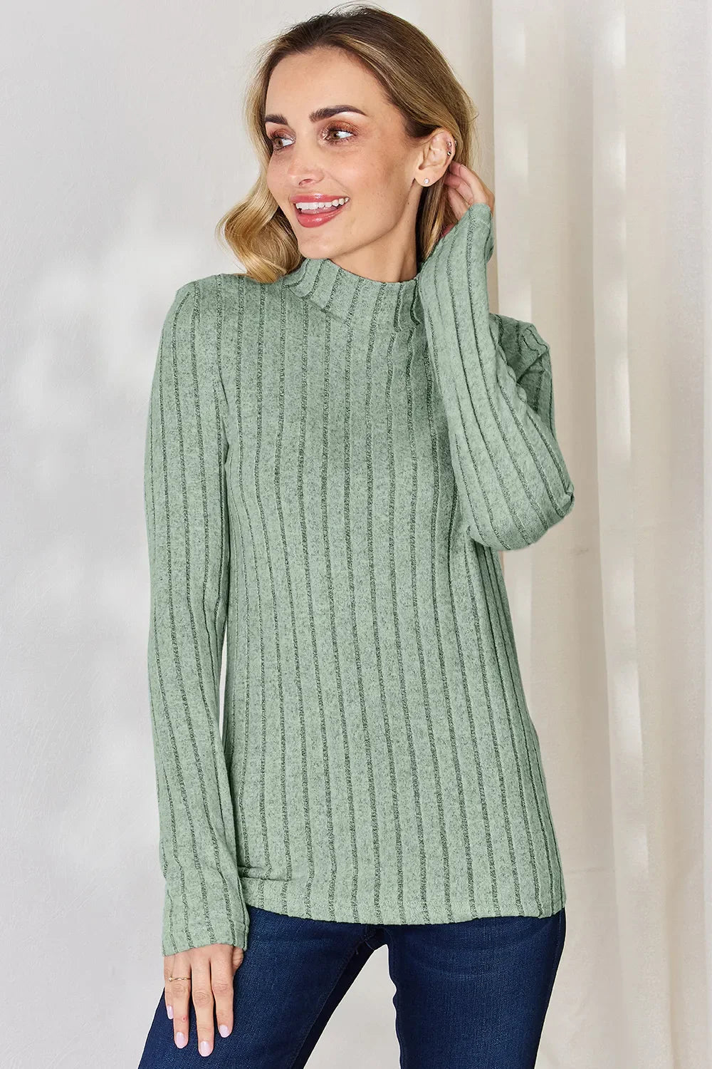 Basic Bae Full Size Ribbed Mock Neck Long Sleeve Knit Top | Includes Plus Size