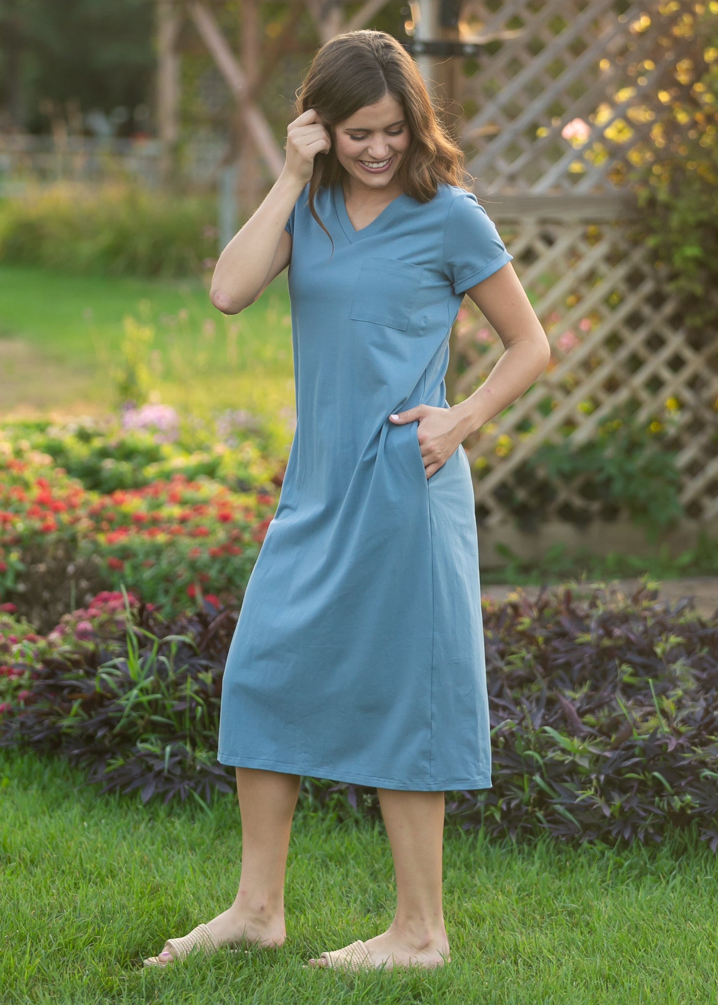 Finley Chambray Blue V-neck T-shirt Dress