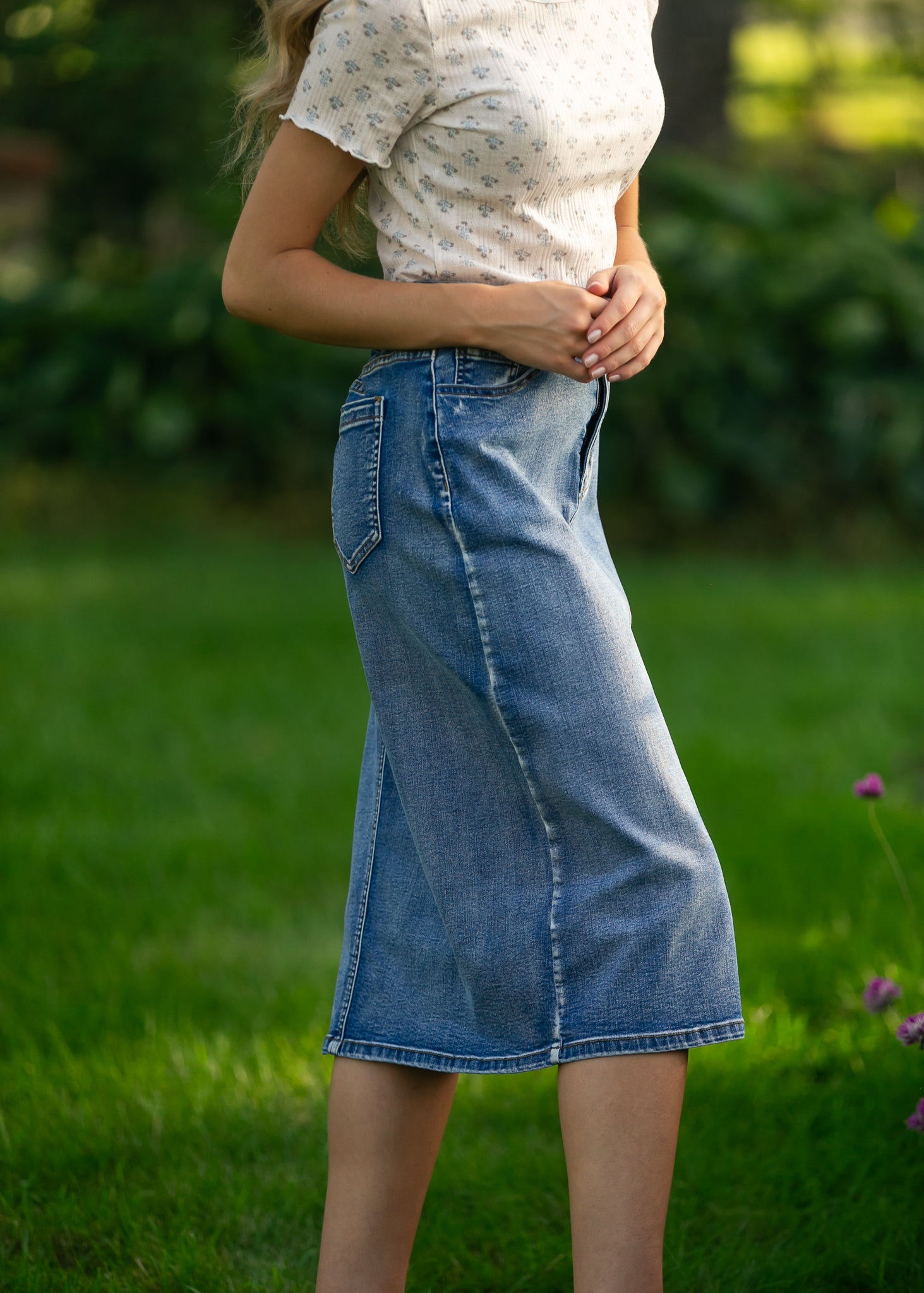 Frankie Medium Wash Denim Midi Skirt