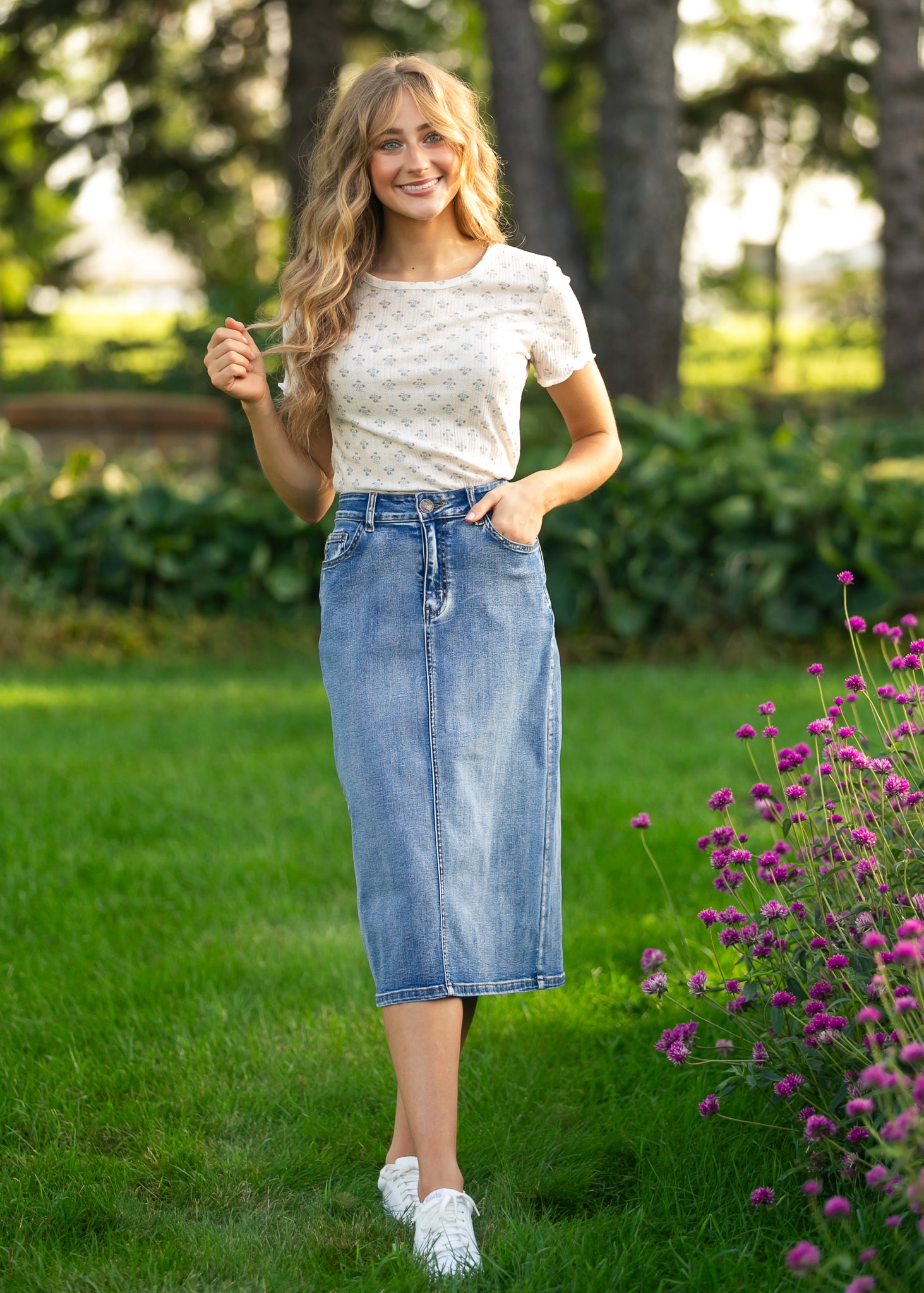Frankie Medium Wash Denim Midi Skirt