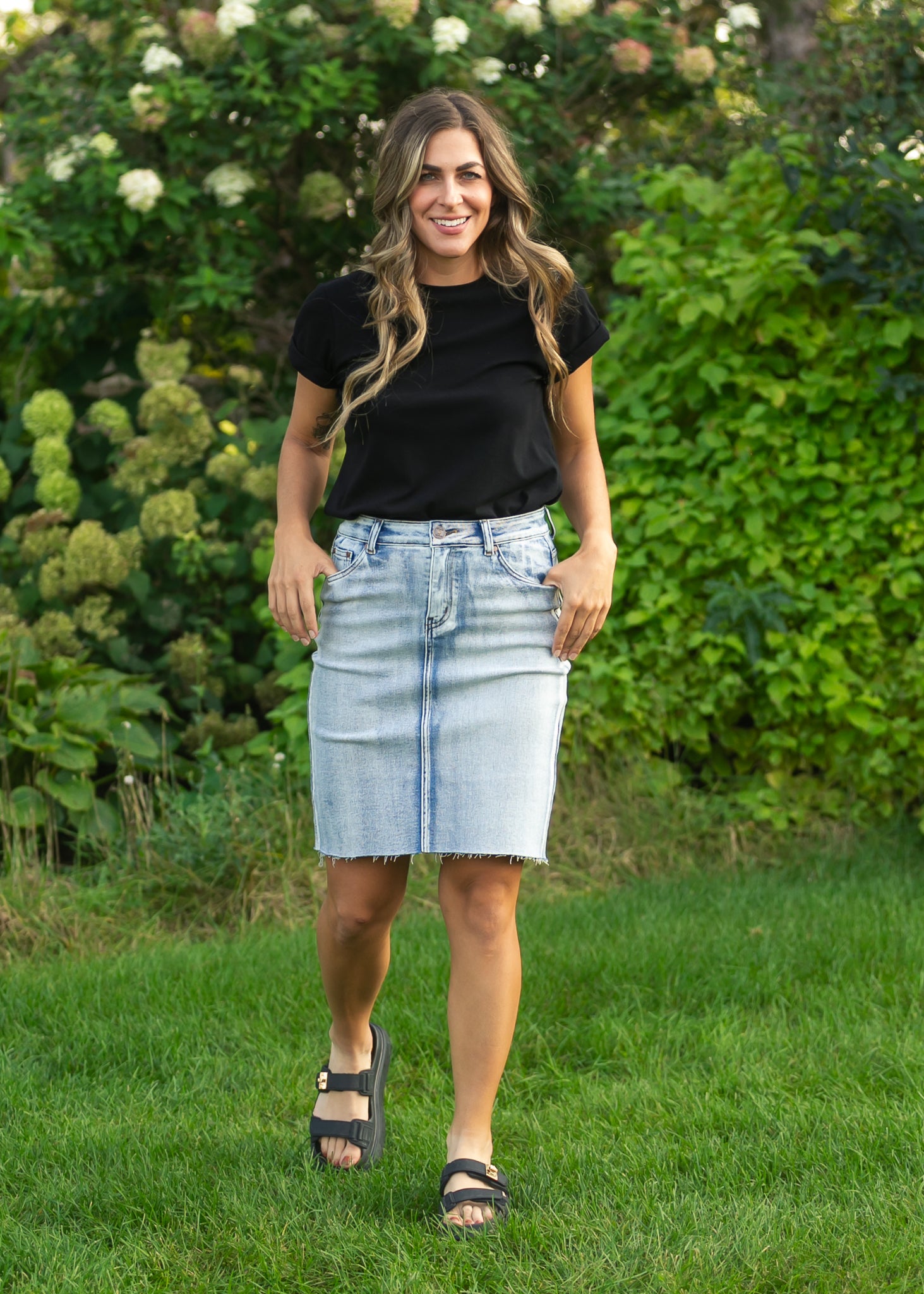 Frankie Light Wash Raw Hem Midi Skirt