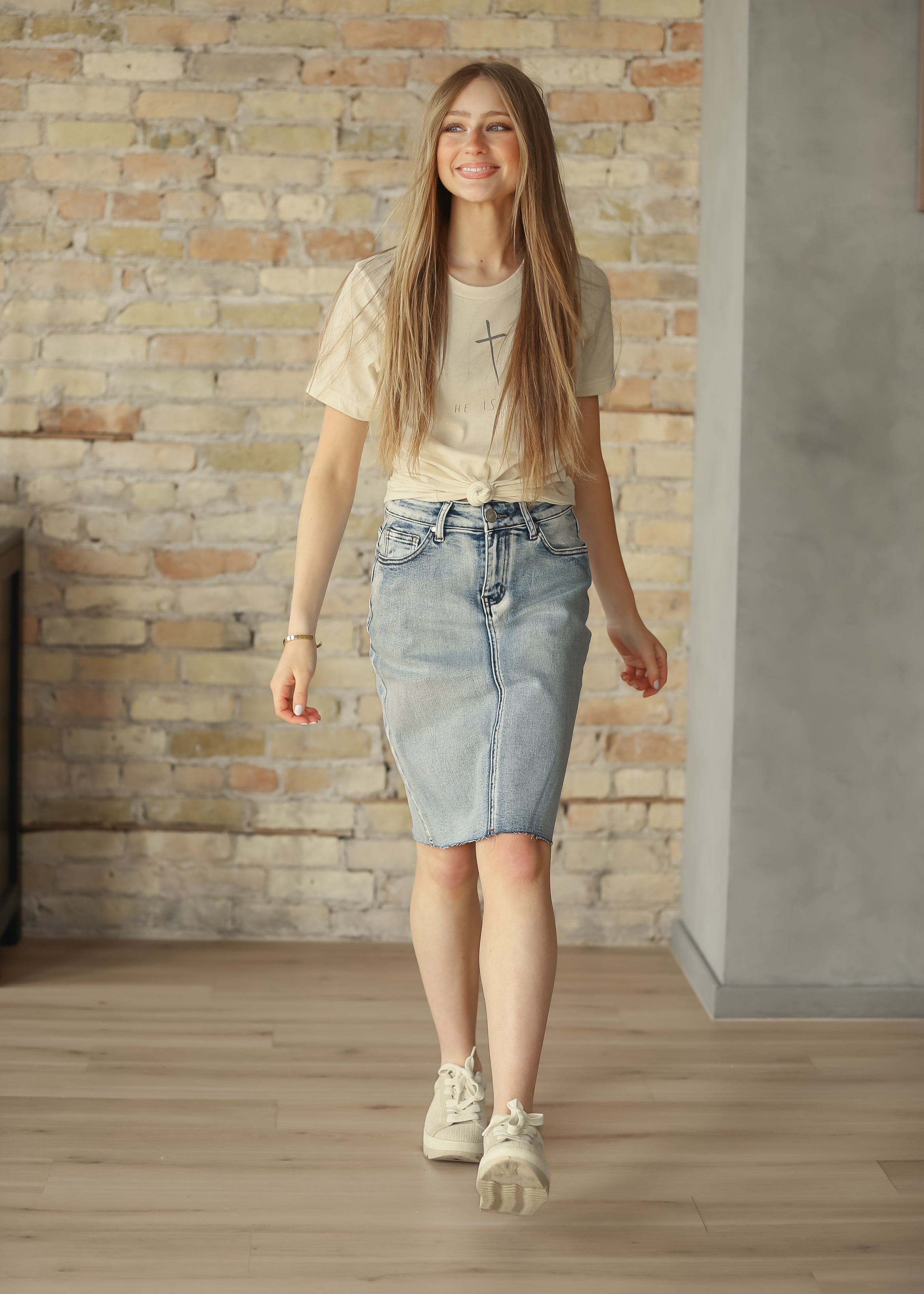 Frankie Light Wash Raw Hem Midi Skirt