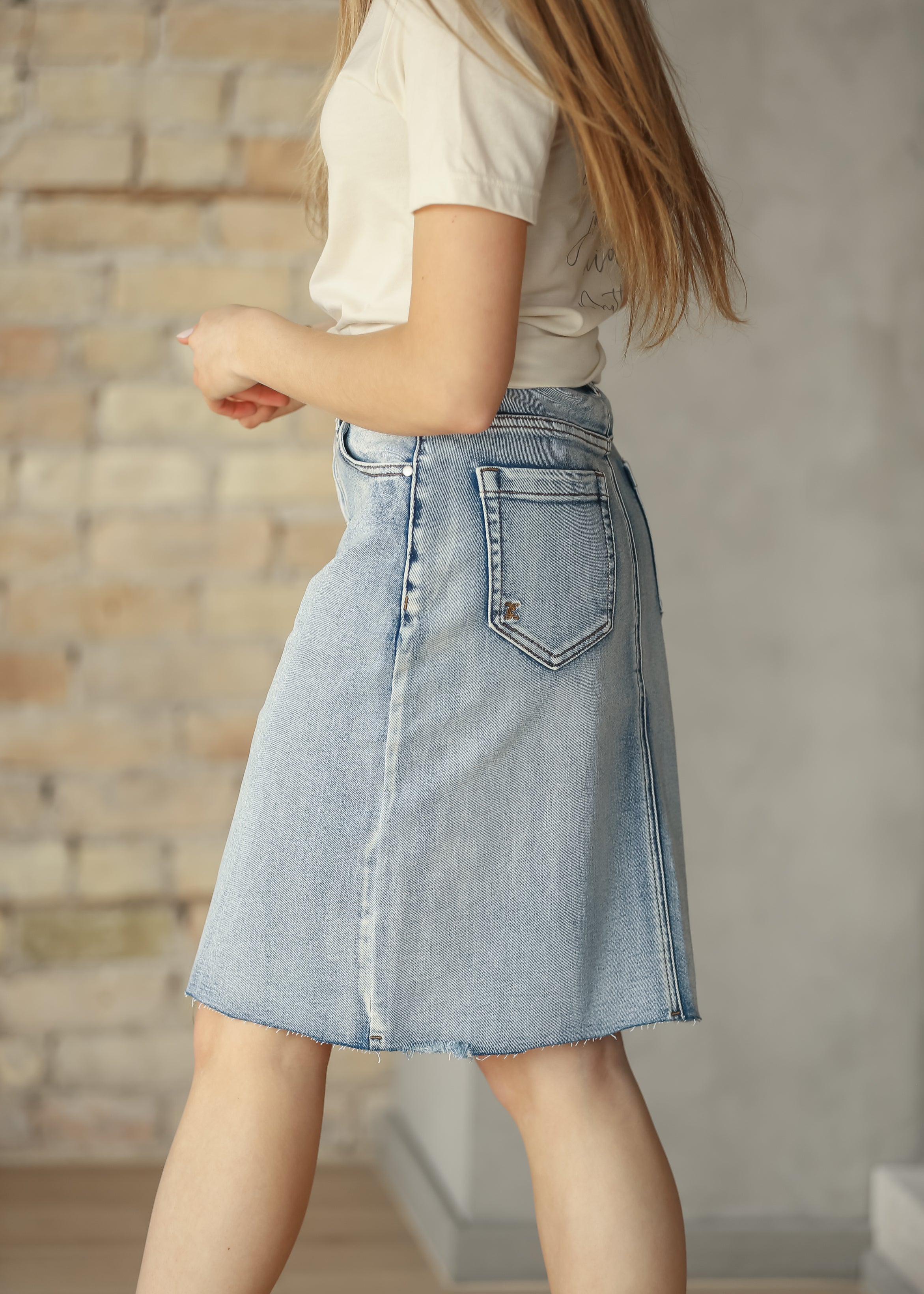 Frankie Light Wash Raw Hem Midi Skirt