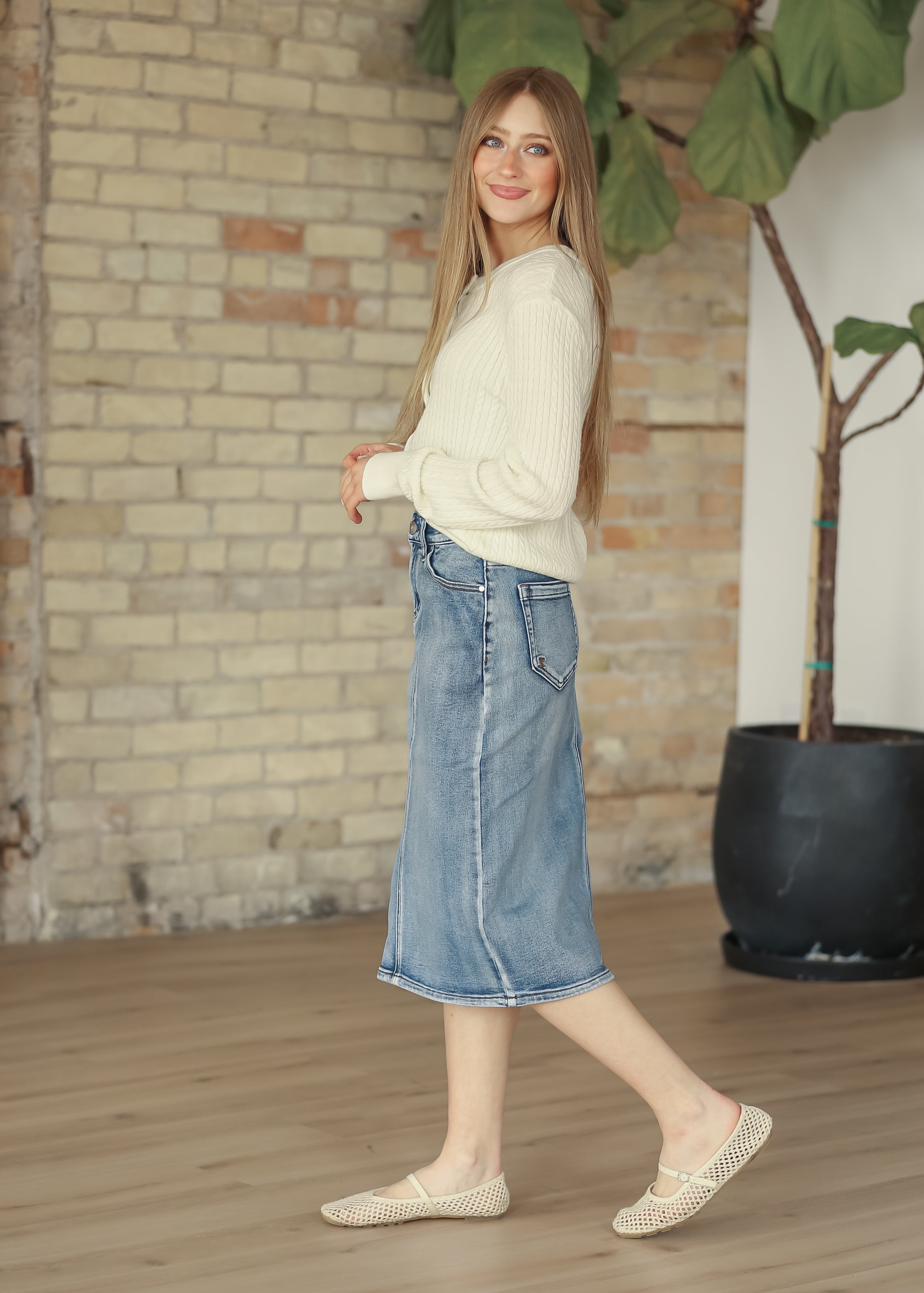 Frankie Medium Wash Denim Midi Skirt