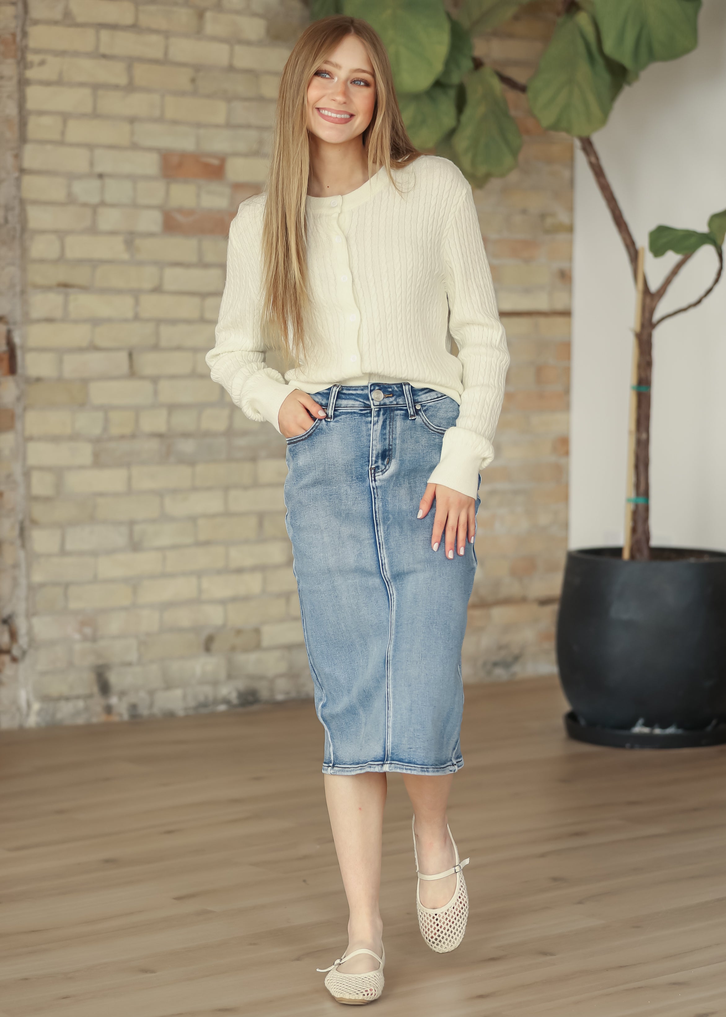 Frankie Medium Wash Denim Midi Skirt