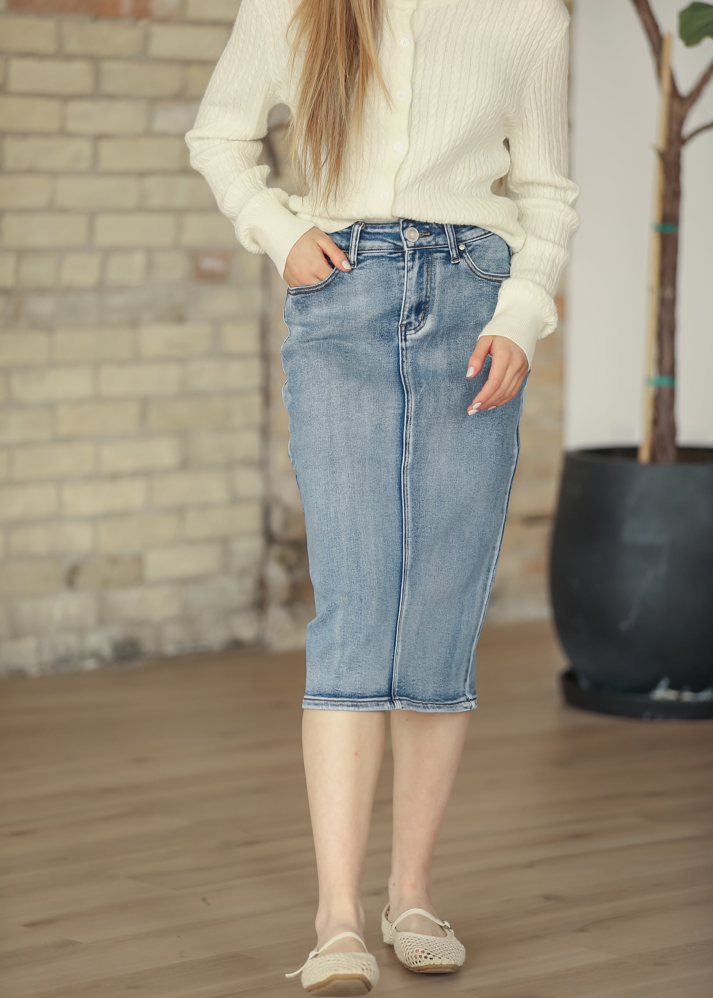 Frankie Medium Wash Denim Midi Skirt