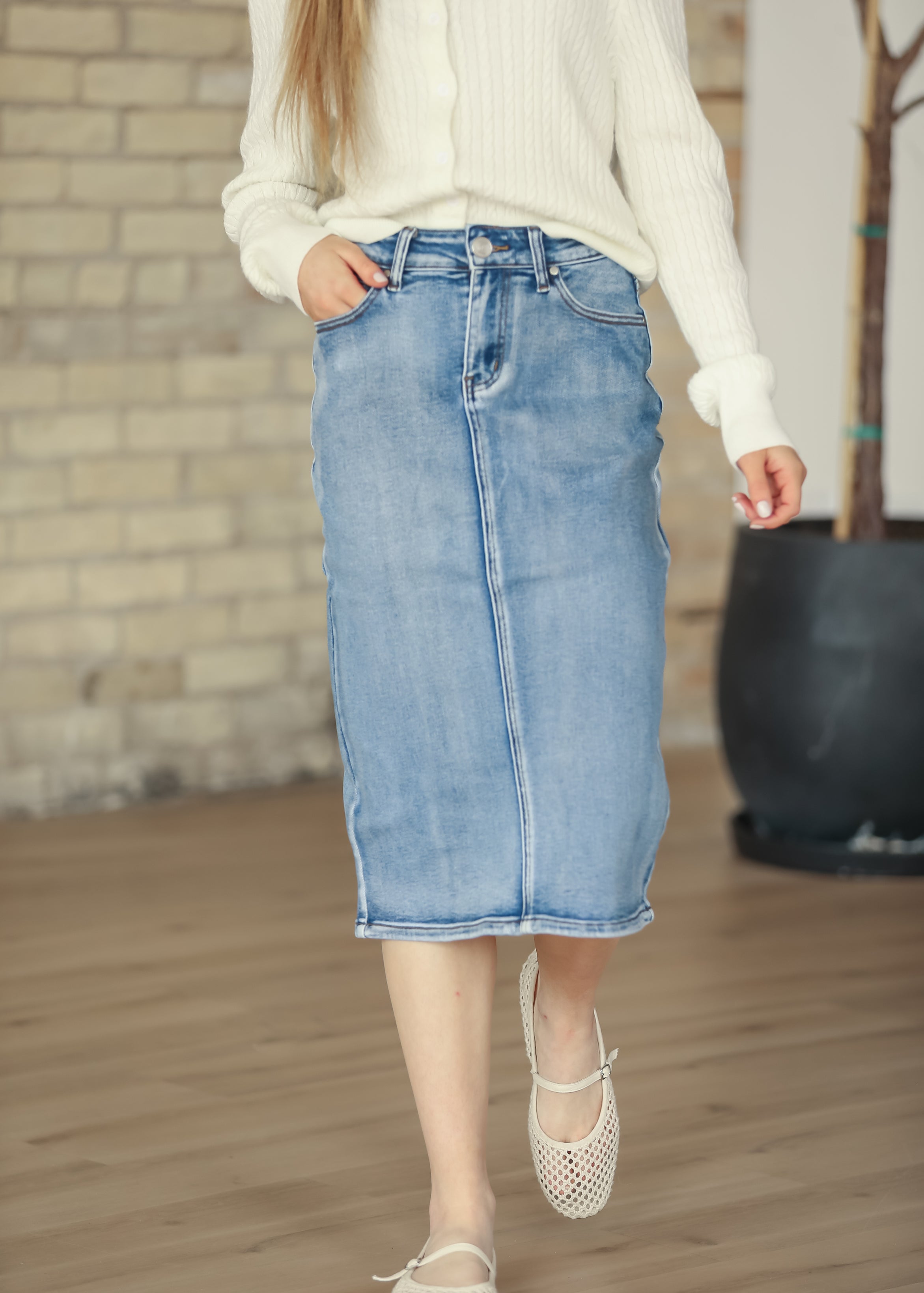 Frankie Medium Wash Denim Midi Skirt