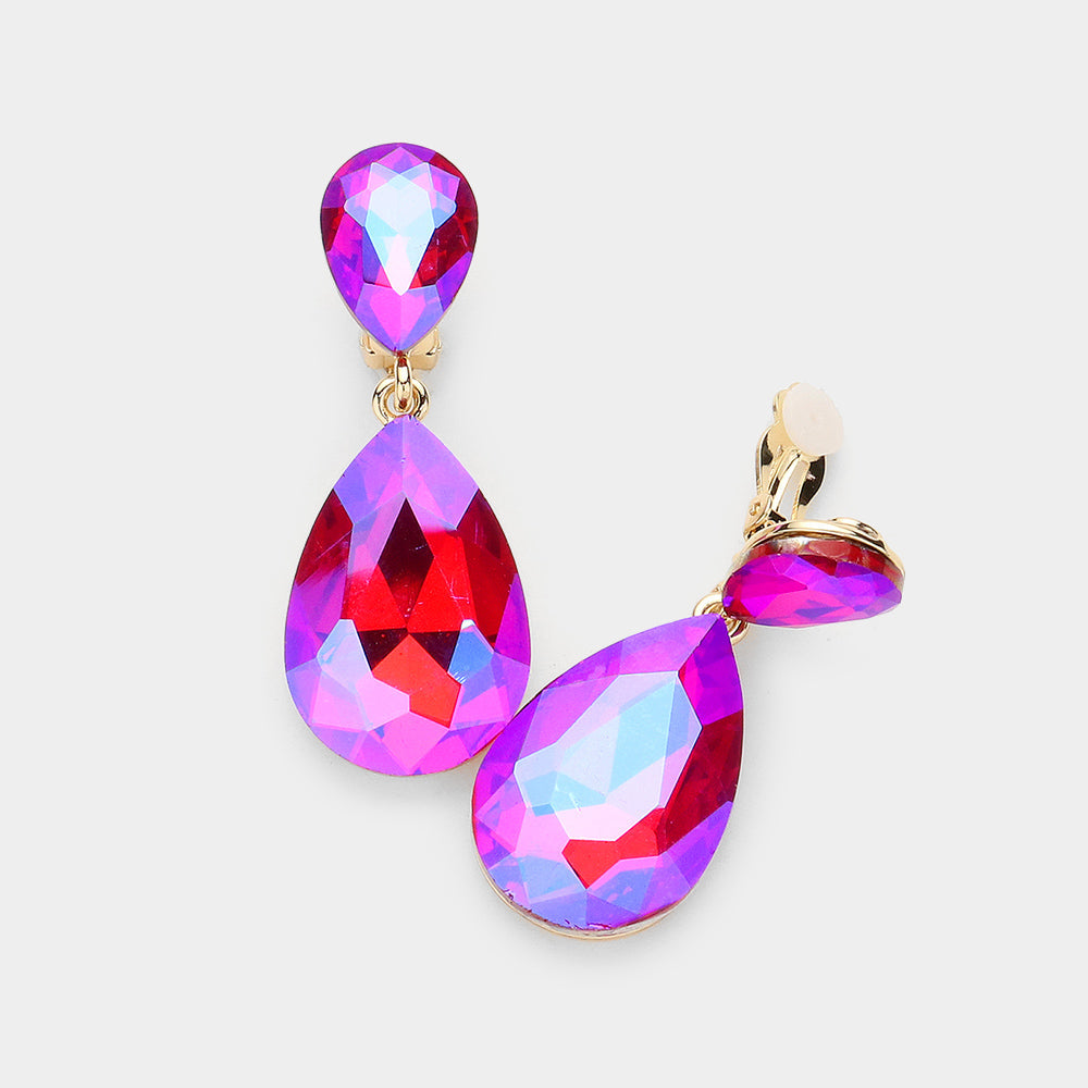 Glass Crystal Double Teardrop Clip On Evening Earrings