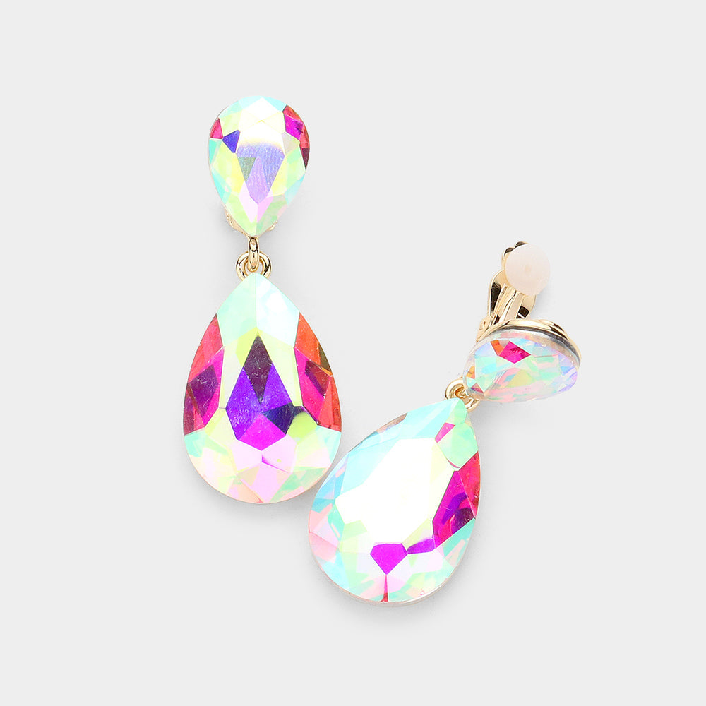 Glass Crystal Double Teardrop Clip On Evening Earrings