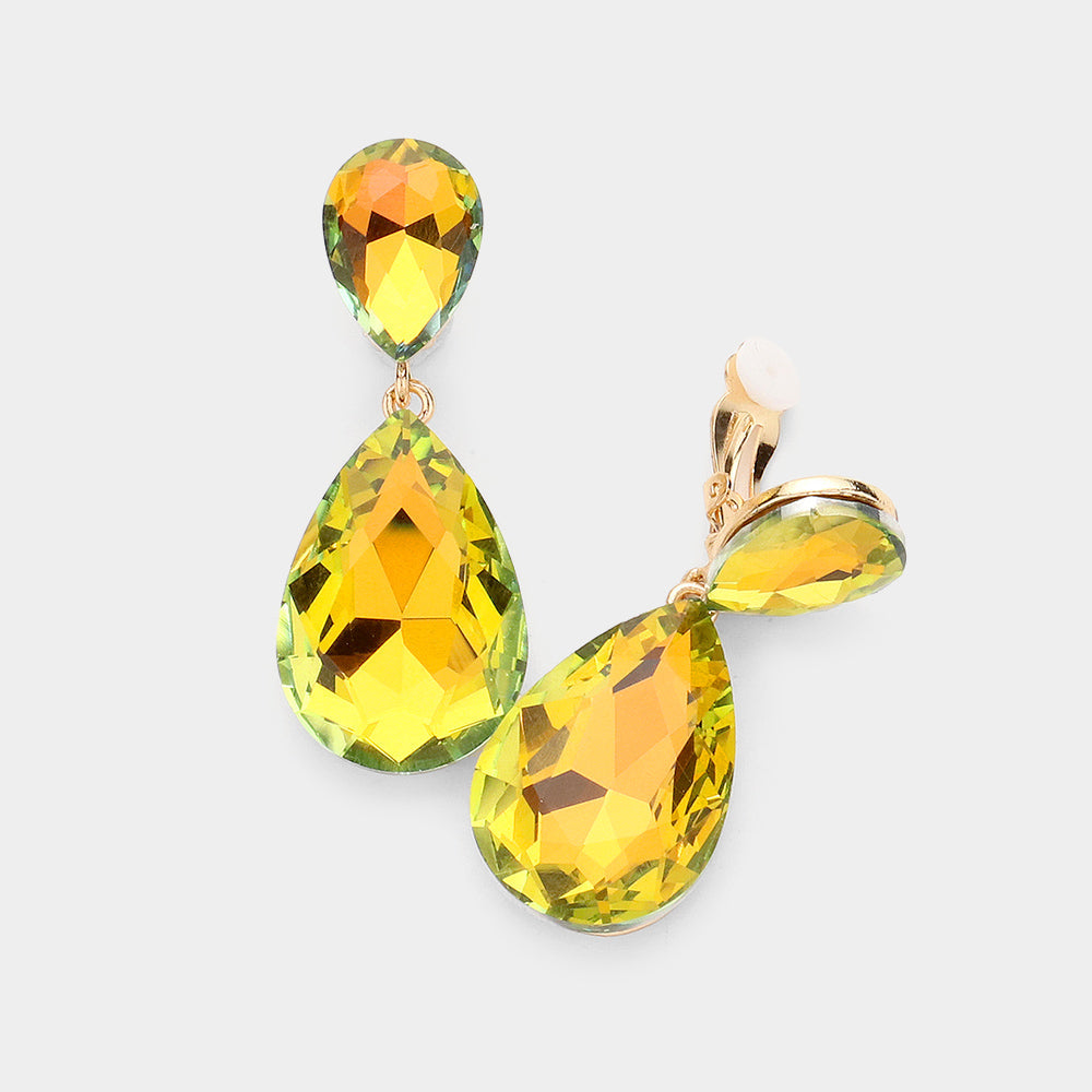 Glass Crystal Double Teardrop Clip On Evening Earrings