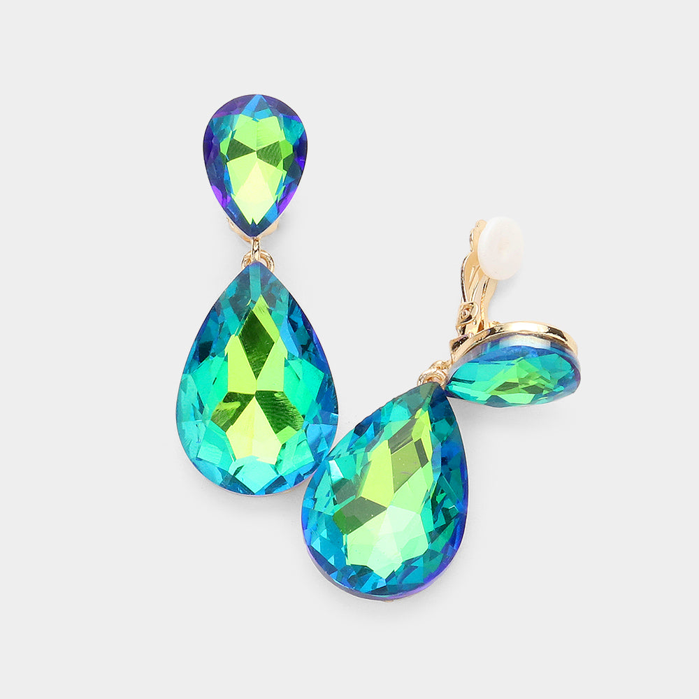 Glass Crystal Double Teardrop Clip On Evening Earrings