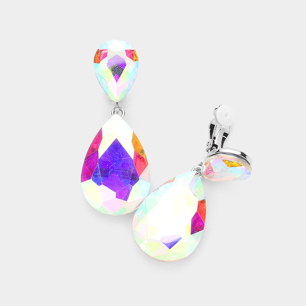 Glass Crystal Double Teardrop Clip On Evening Earrings