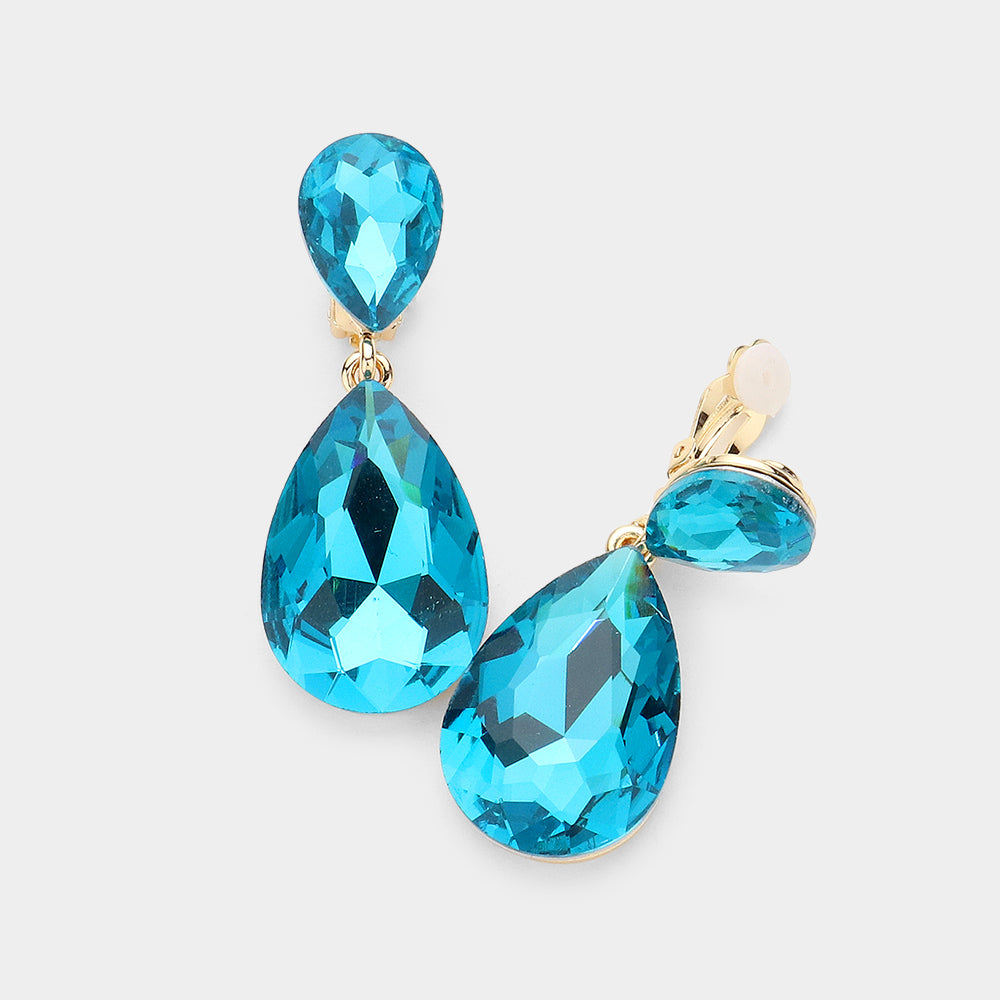 Glass Crystal Double Teardrop Clip On Evening Earrings