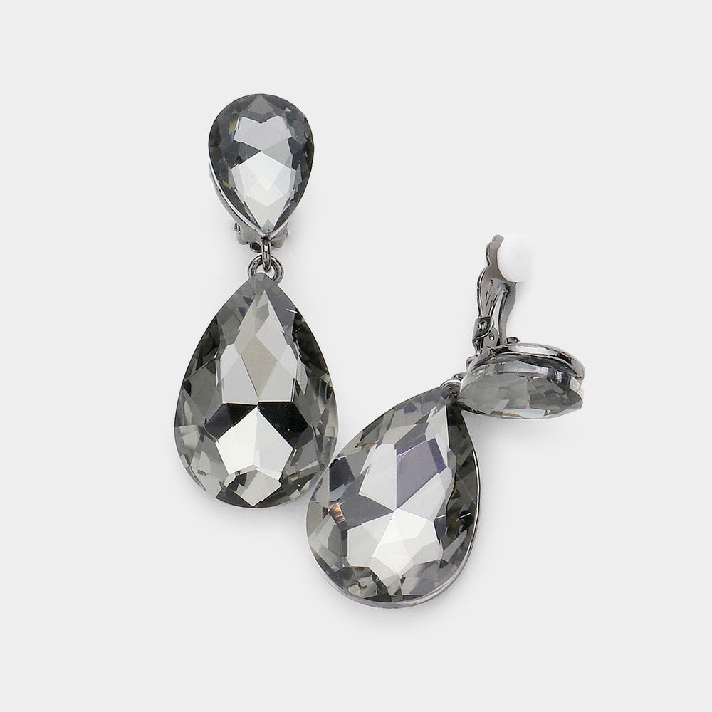 Glass Crystal Double Teardrop Clip On Evening Earrings