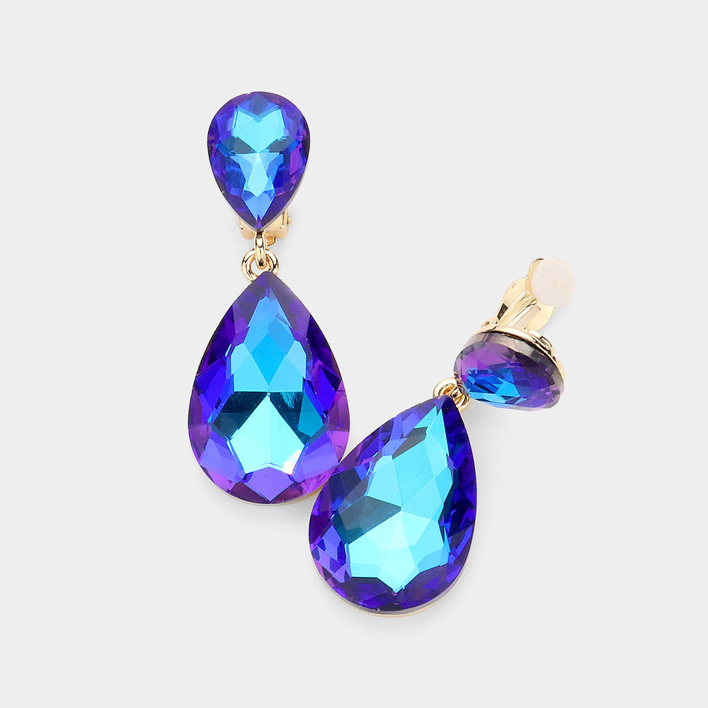 Glass Crystal Double Teardrop Clip On Evening Earrings